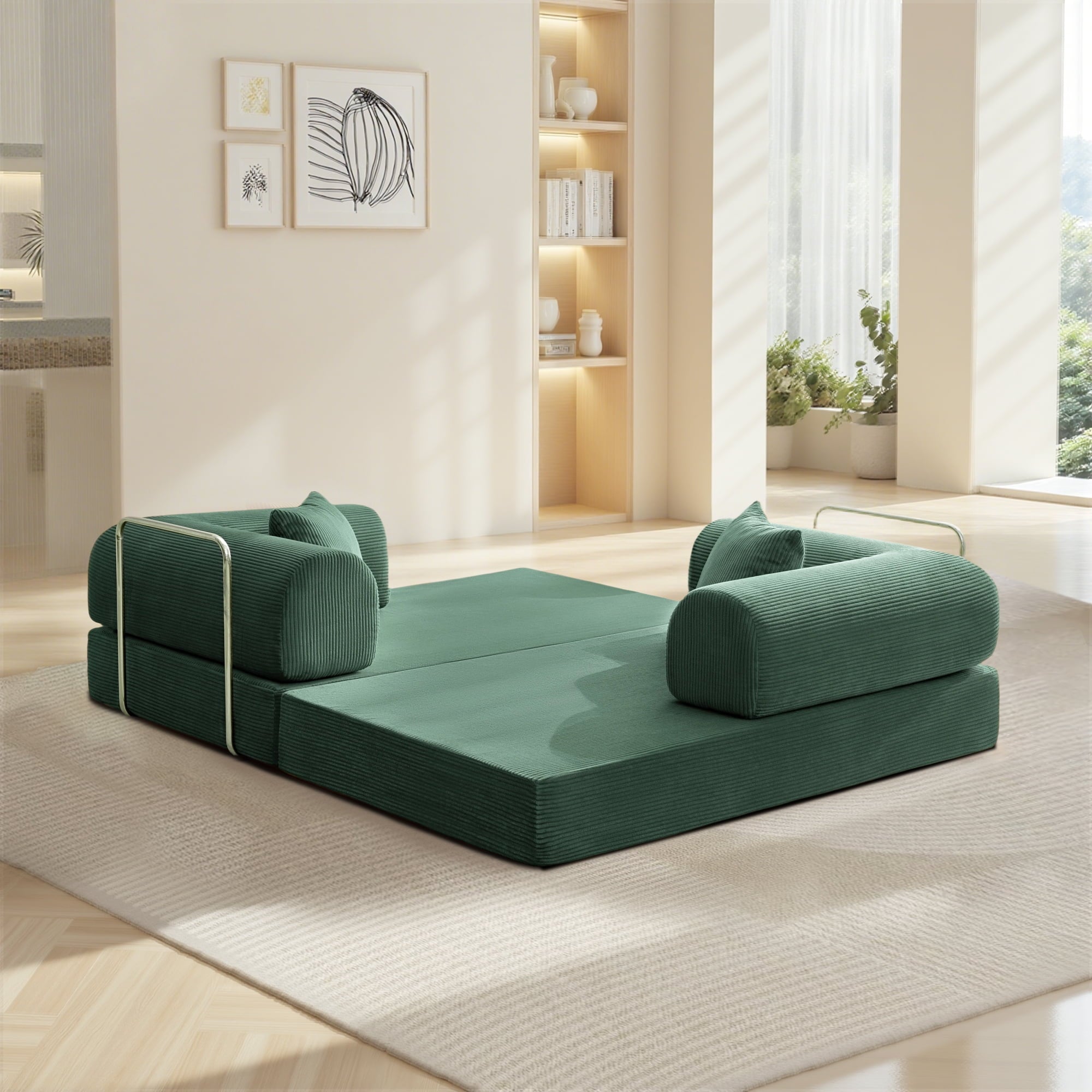 COOLHUT 63 W Combination Sofa, High Rebound Density Foam Sofa Couch, Two Forms Floor Couch Three Seats Sofa Bed for Living Room, Bedroom, Green