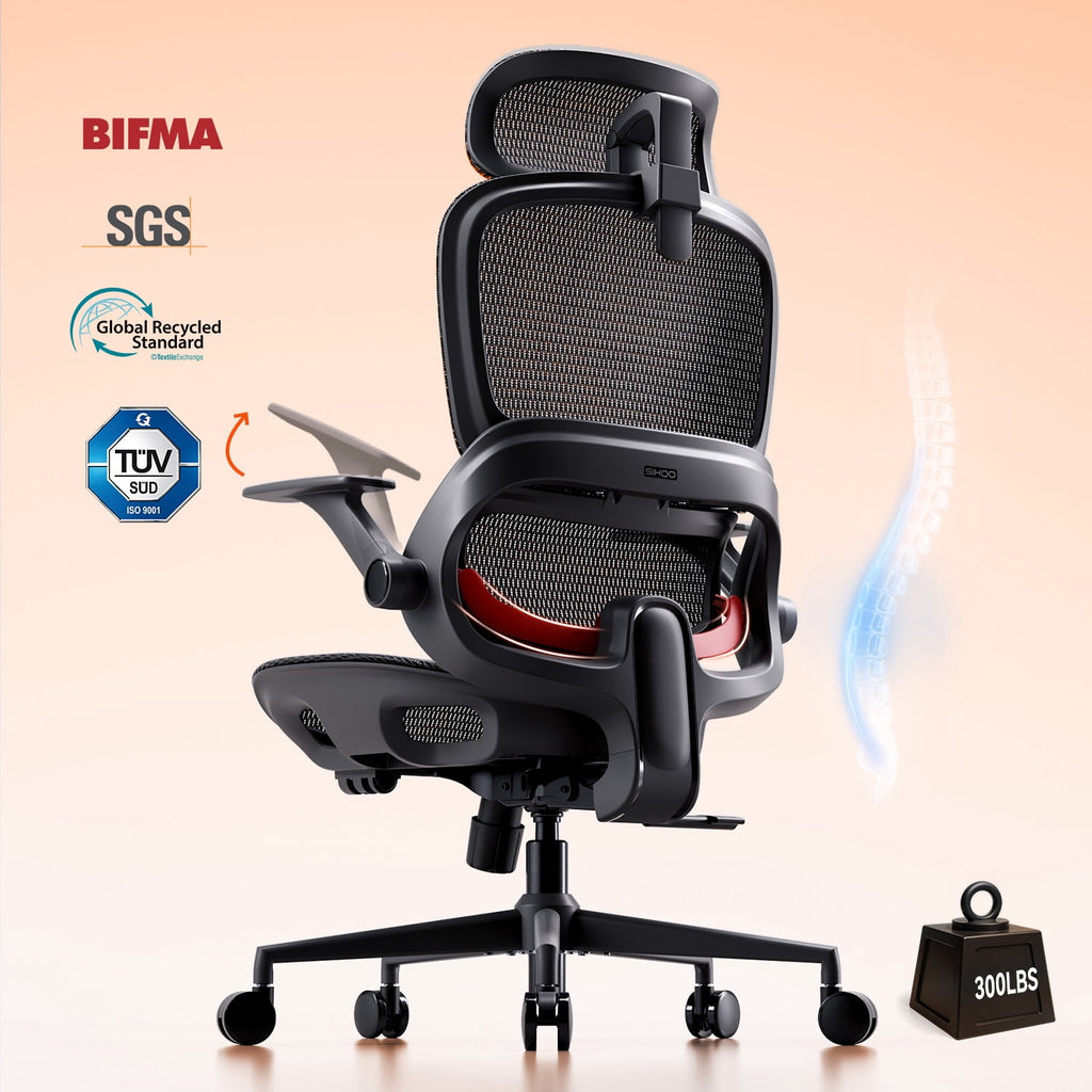 SIHOO B100 Ergonomic Office Chair, Task Chair with Zoned Back Support, 2D Wide Headrest Study Chair for Teenager, High Back Executive Chair for Home Office, White