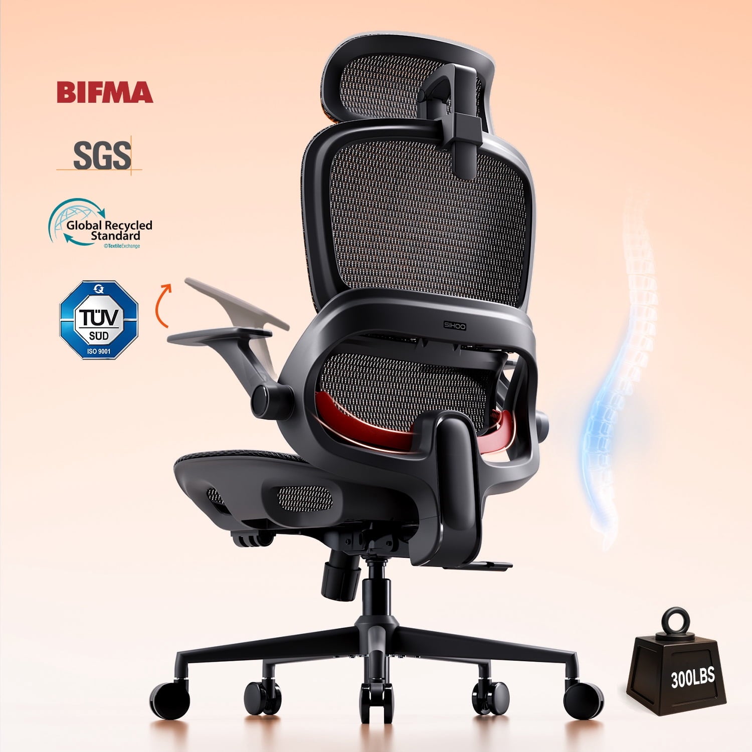 SIHOO B100 Ergonomic Office Chair, Task Chair with Zoned Back Support, 2D Wide Headrest Study Chair for Teenager, High Back Executive Chair for Home Office, White