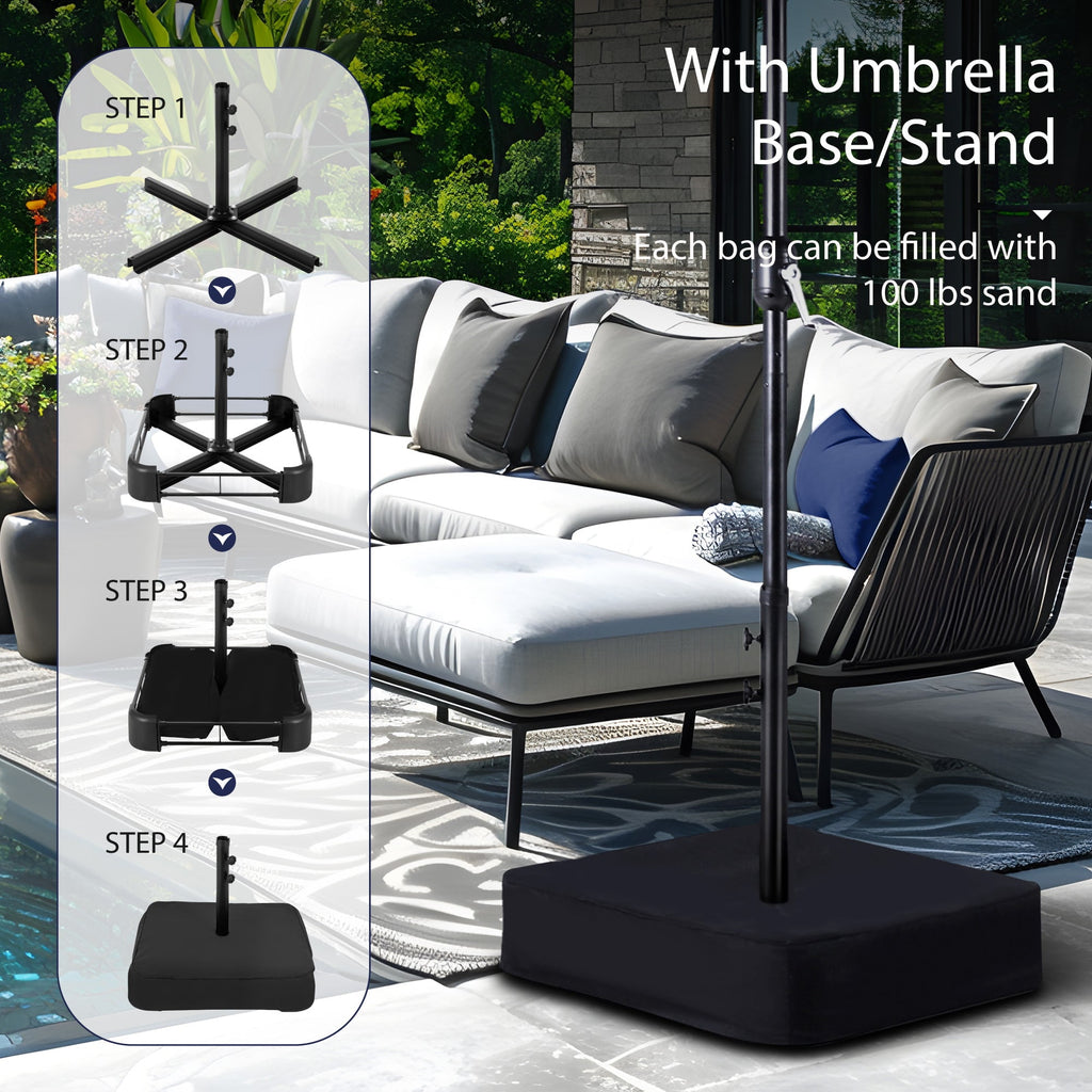 Alpha Joy 15ft Extra Large Outdoor Patio Double-Sided Umbrella with LED Solar Lights & Umbrella Base, Beige