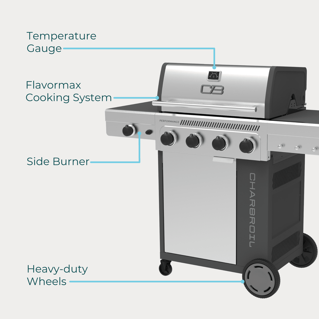 Charbroil® Performance Series™ FlavorMax™ 4 Burner Gas Grill Cabinet with Side Burner, Stainless Steel