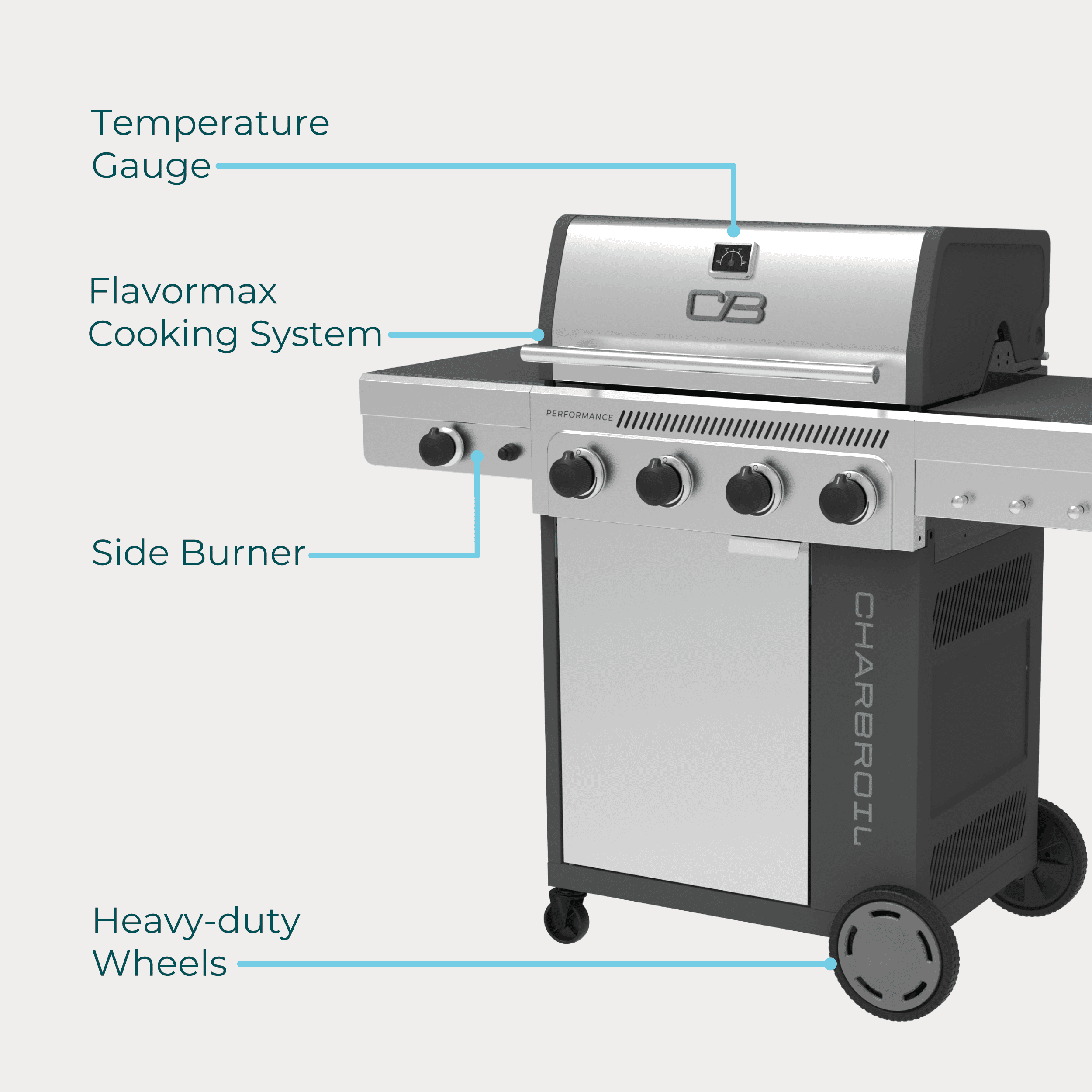 Charbroil® Performance Series™ FlavorMax™ 4 Burner Gas Grill Cabinet with Side Burner, Stainless Steel