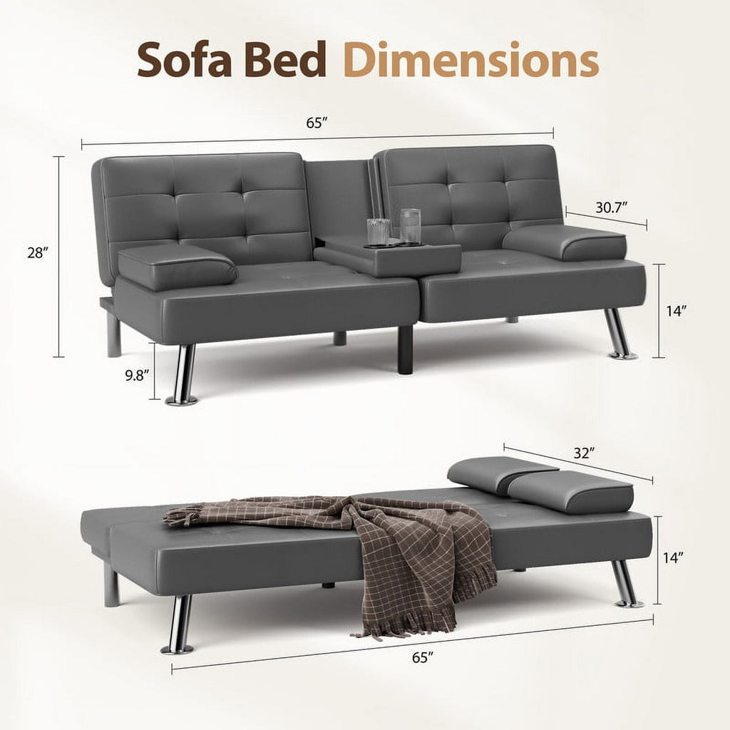 Furmax 3-in-1 Futon Sofa Bed Convertible Couch – Faux Leather Recliner with Cup Holders for Living Room, Apartment & Small Space, Black