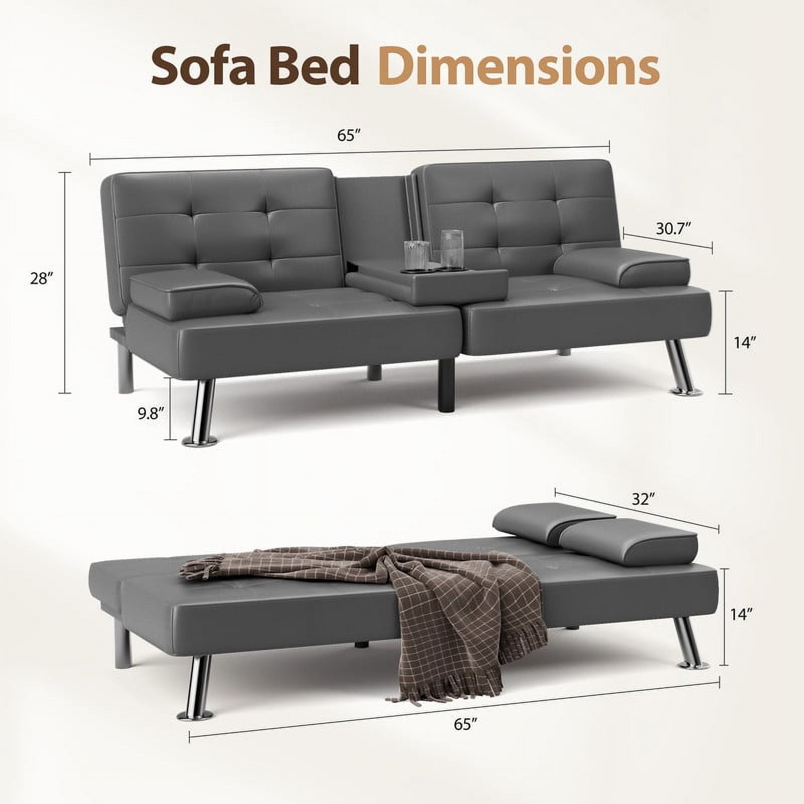 Furmax 3-in-1 Futon Sofa Bed Convertible Couch – Faux Leather Recliner with Cup Holders for Living Room, Apartment & Small Space, Black