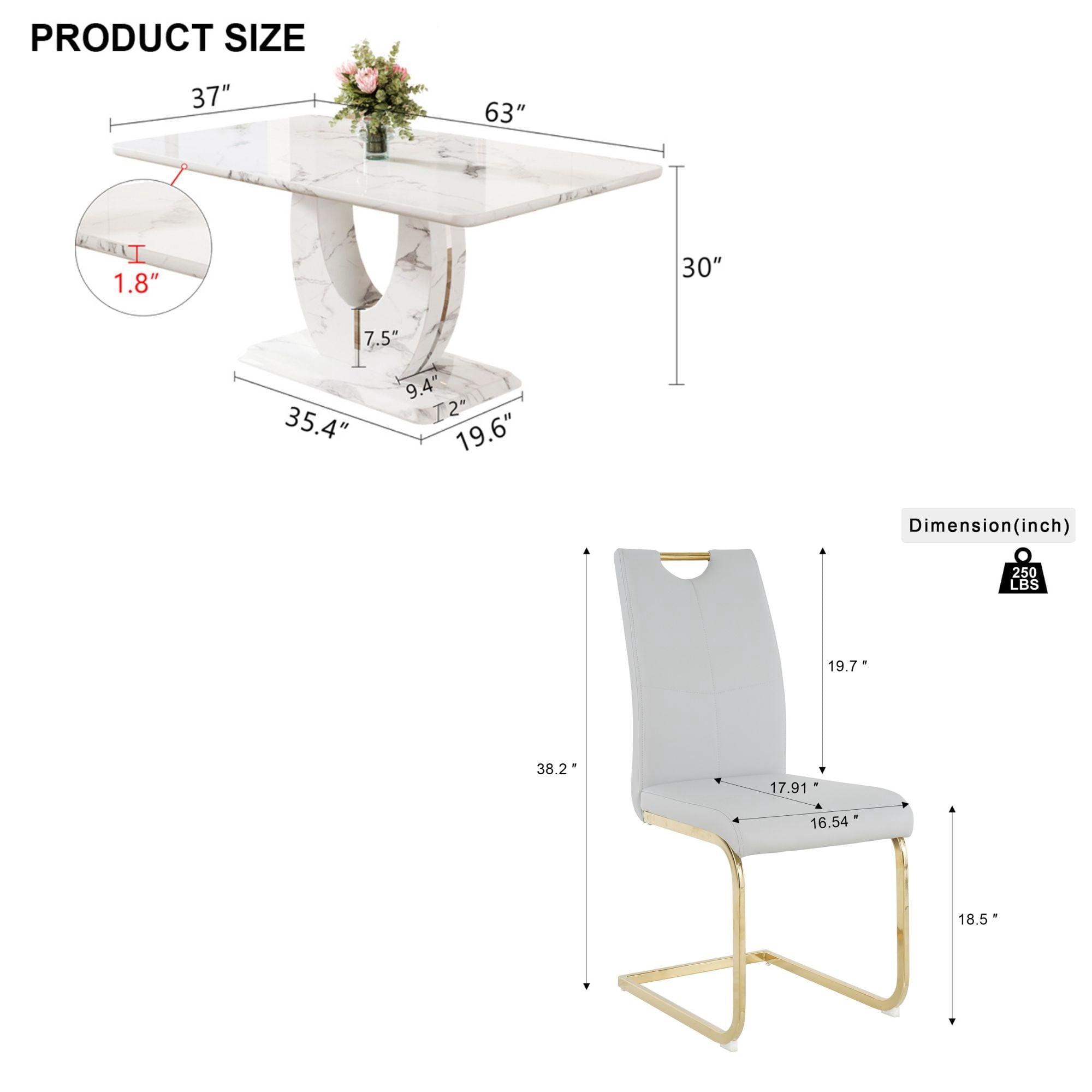 63 Modern White Rectangle Faux Marble Dining Table Room Sets for 4,Dining Table with 4 Velvet Dining Chairs,White Table and 4 Gray Chairs with Silver Leg