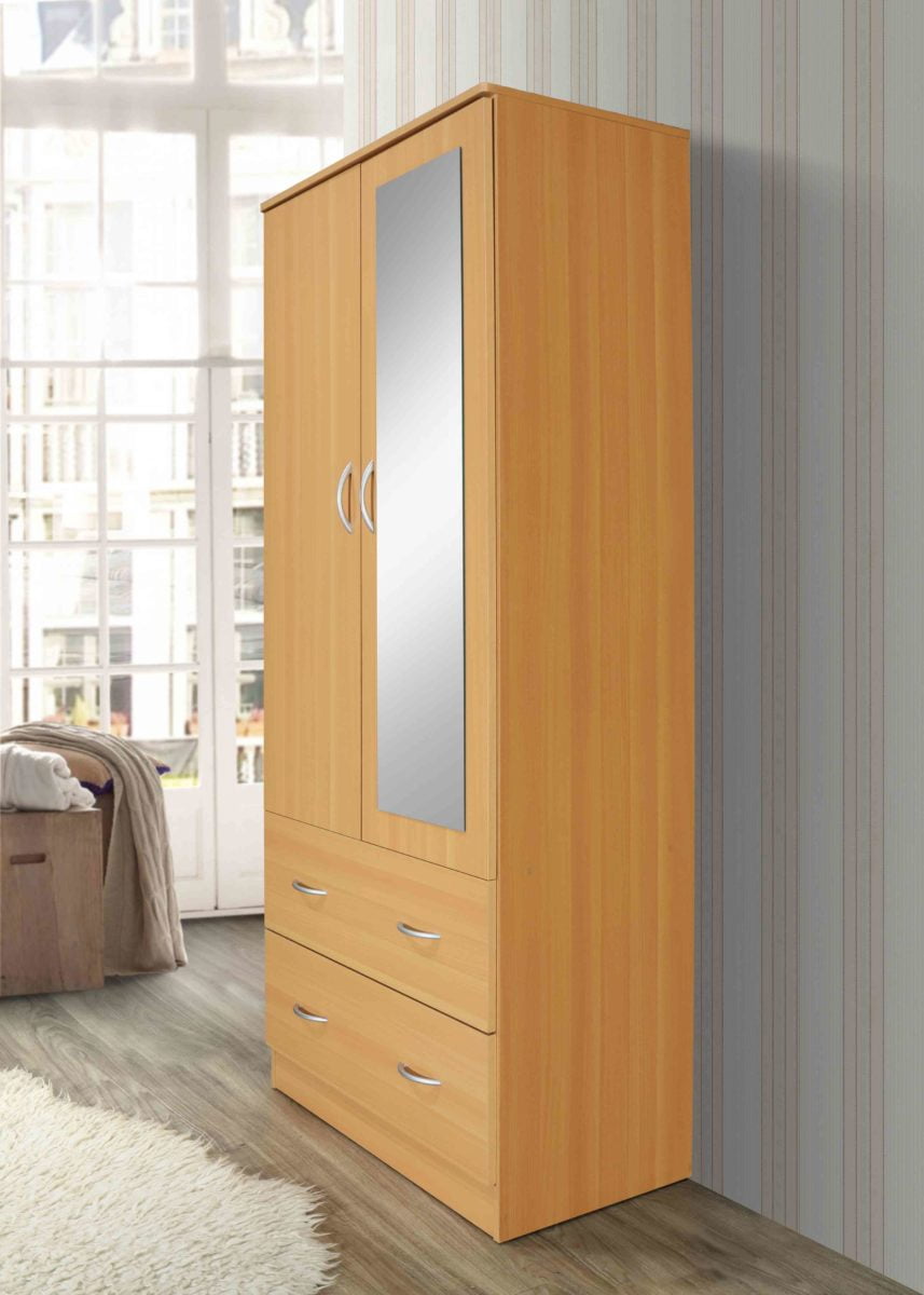 Hodedah Two Door Wardrobe with Two Drawers and Hanging Rod plus Mirror, Black