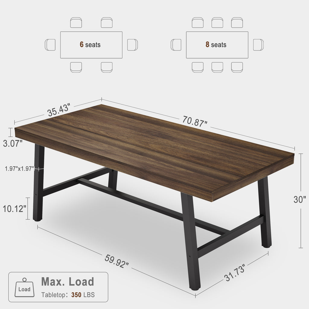 70.87 Inch Long Large Rectangle Dining Table for 6-8 People, Modern Kitchen Dining Room Table with Rustic Wooden Tabletop & Strong Metal frame(Only Gray Walnut Table)