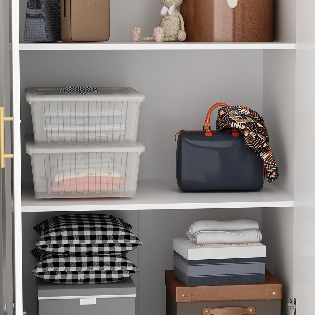 WIAWG 4 Door Wardrobe Closet with 4 Drawers & Shelves, Armoire Wardrobe Closet with Hanging Rod, for Bedroom White and Gold