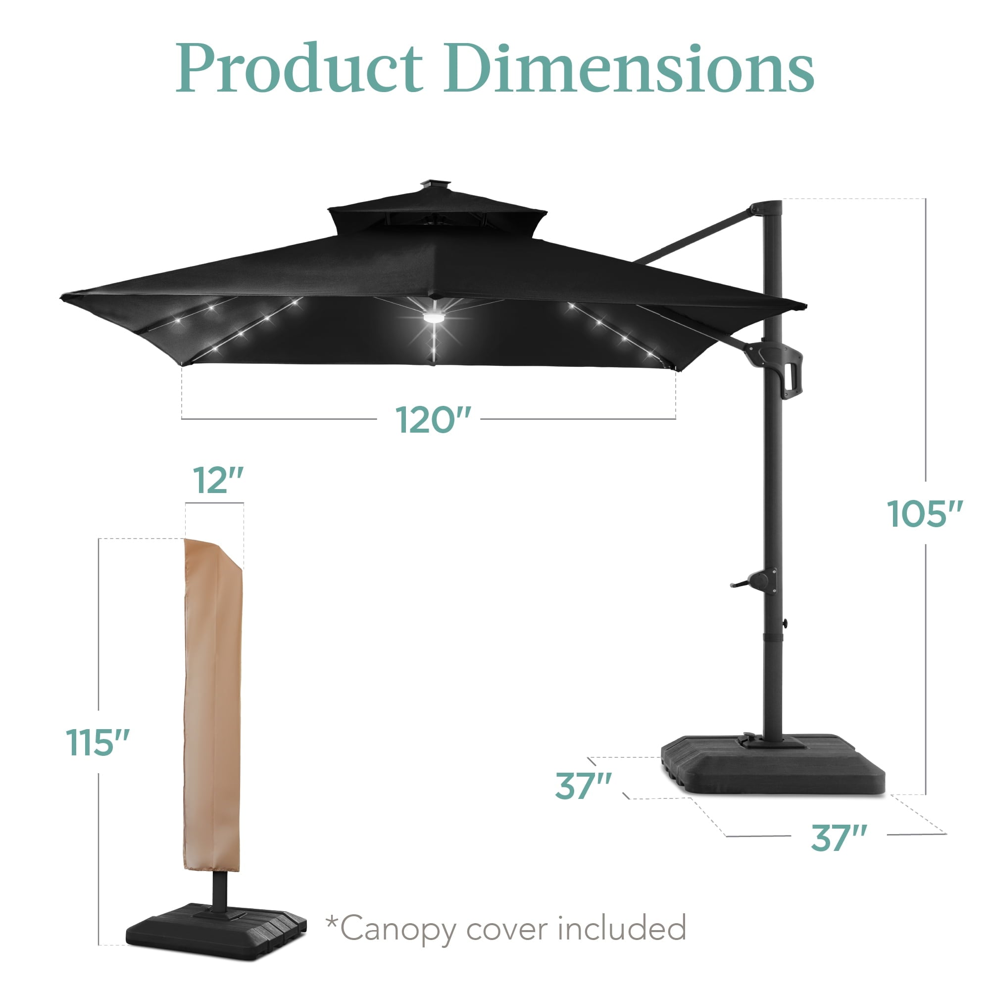 Best Choice Products 10x10ft 2-Tier Square Outdoor Solar LED Cantilever Patio Umbrella w/ Base Included - Tan