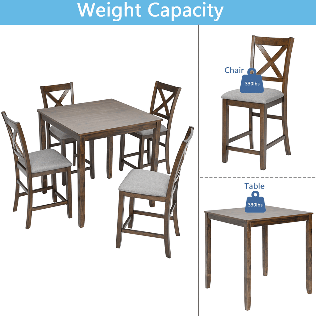 SESSLIFE Dining Table Set for 4, Counter Height Kitchen Table Set with Square Table and 4 Upholstered Chairs, Solid Wood Dining Room Set for 4, Space-Saving, Black & Oak