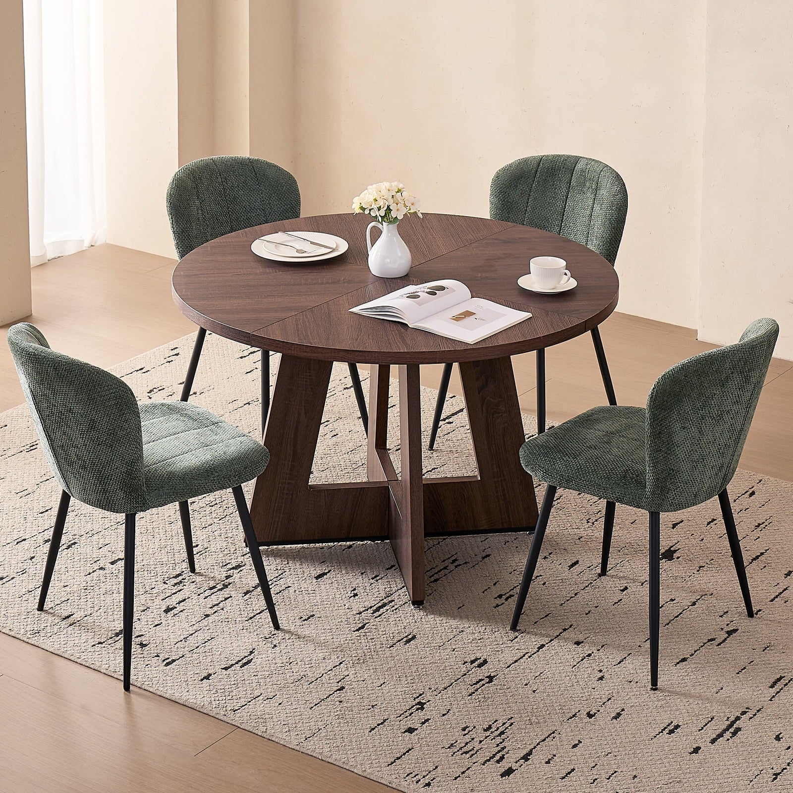5 Piece 47'' Round Dining Table Chairs Set for 4, Farmhouse Oak Kitchen Table with 4 Boucle Mid Century Modern Dinning Room Chairs, Wood Dinner Table &Upholstered Chair Set of 4, Beige