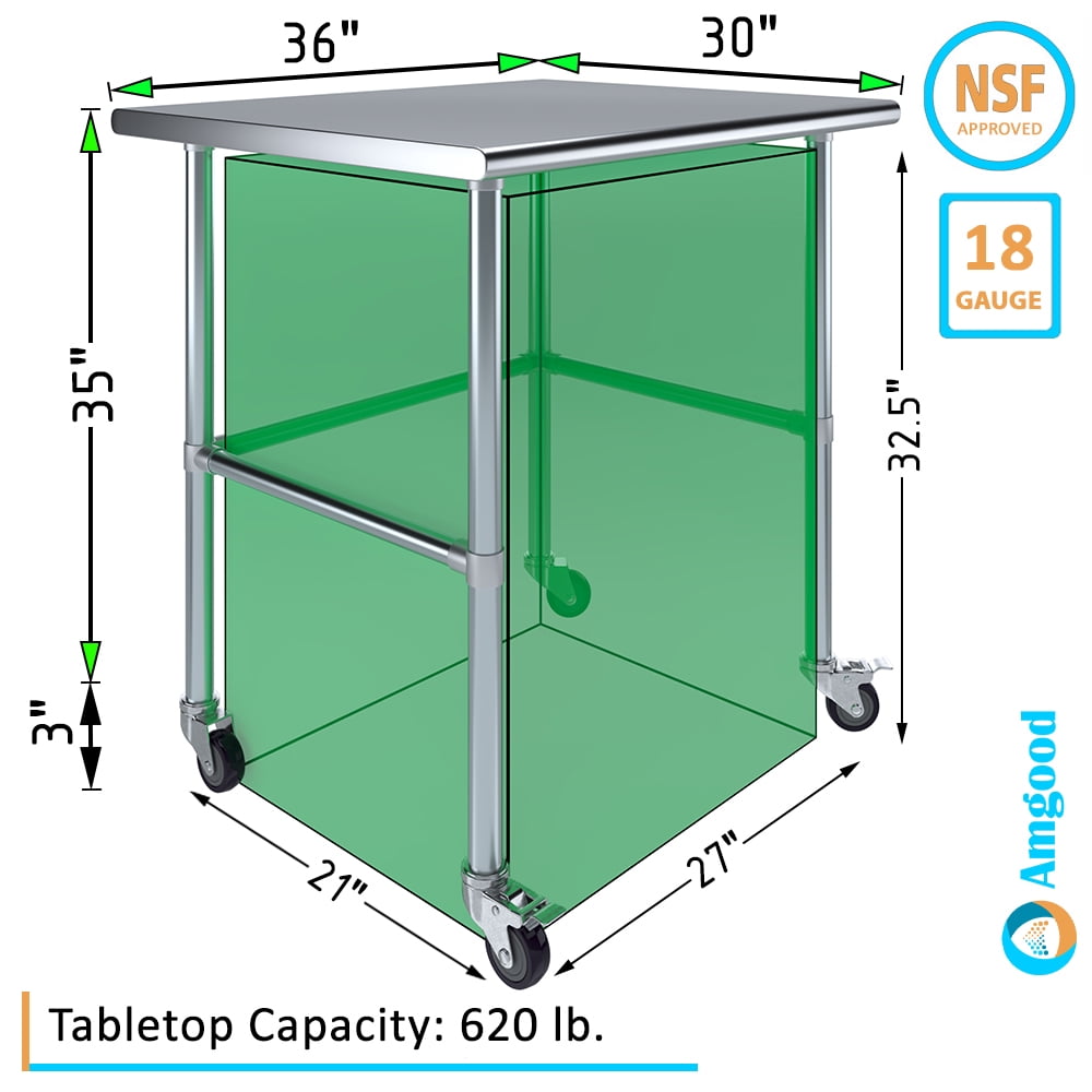 AmGood 36 Long x 30 Deep Stainless-Steel Work Table with Open Base and Wheels, Mobile Metal Table