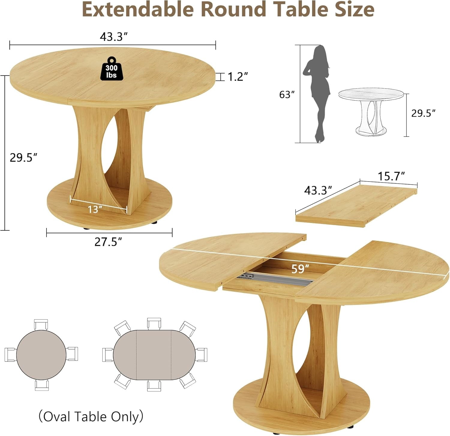 Virans 43.3-59 Extendable Round Dining Table for 6-8,Kitchen Table with MDF,Modern Dinner Table for Dining Rooms,Living Rooms,Walnut