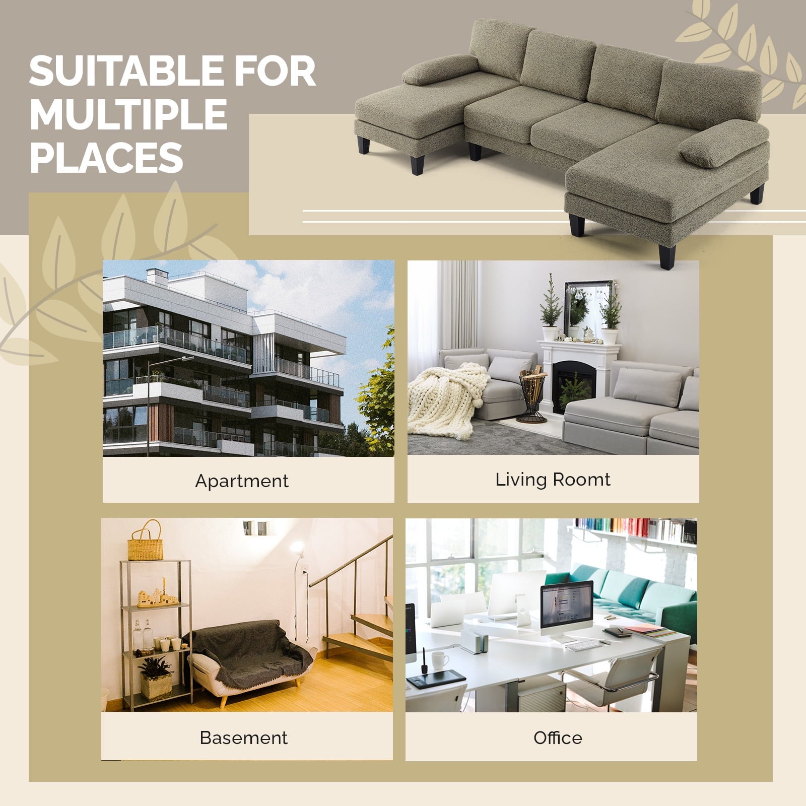 Ktaxon U-Shaped Sectional Sofa Set with Chaise, 4-Seater Blended Chenille Couch for Living Room, Apartment, Easy Assembly Khaki