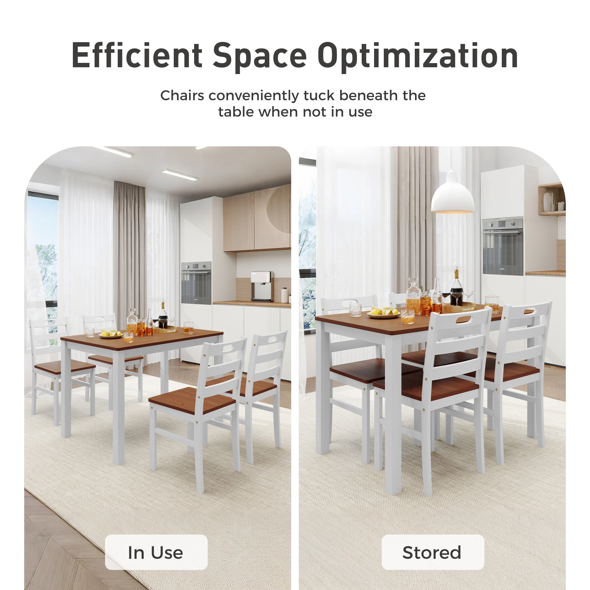 Alpha Joy Farmhouse Dining Table Set for 4 Solid Wood Kitchen Chairs and Table Set, Walnut & White