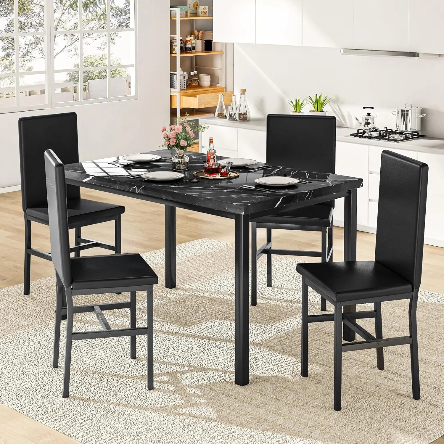 MOOSENG Dining Table Set for 4, Faux Marble Kitchen Table and Chairs Set of 4, 5-Piece Dining Room Set with PU Leather Upholstered Chairs for Small Space, Gray