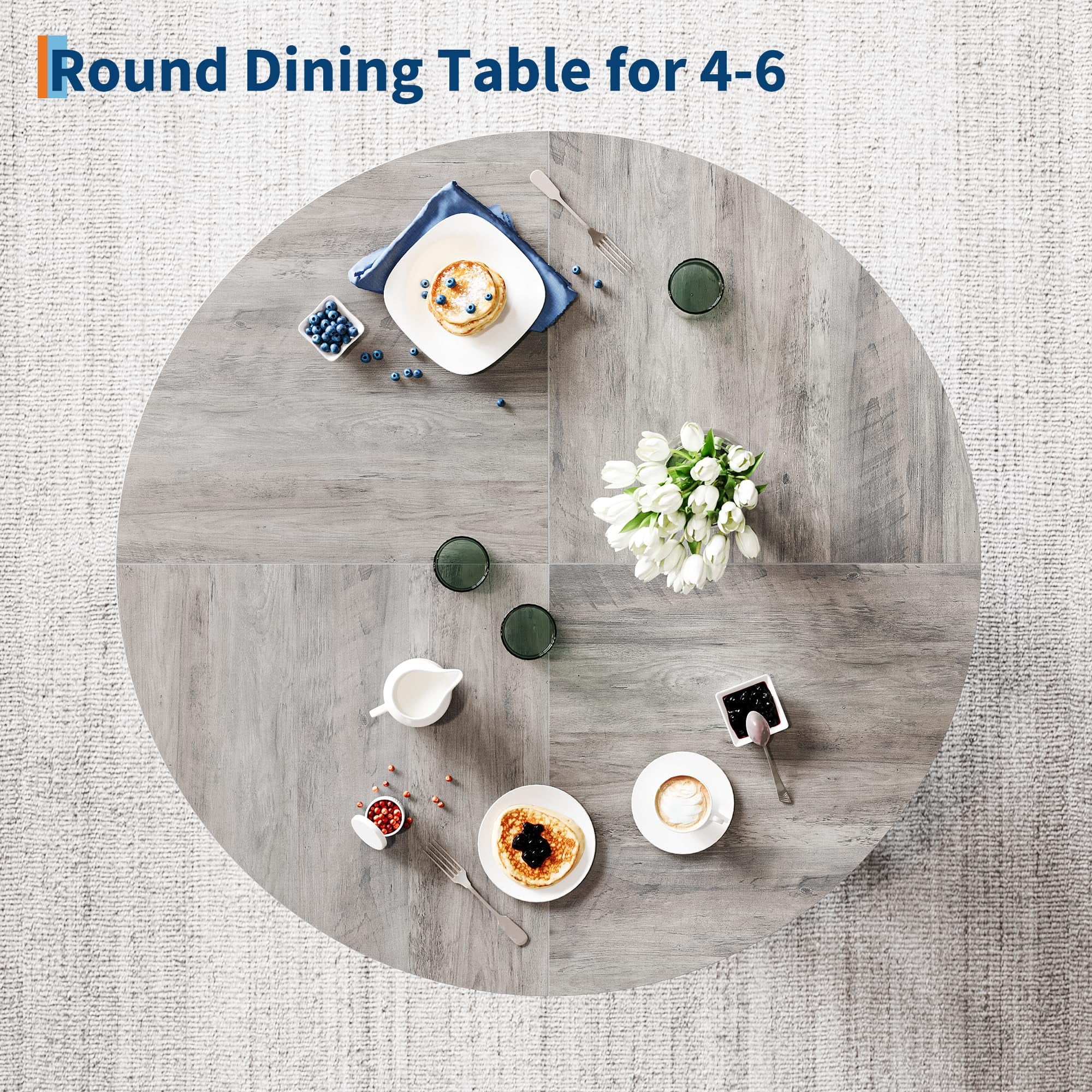 47 Round Farmhouse Dining Table for 4 | Sturdy Kitchen Table & Breakfast Nook Centerpiece Space-Saving Design for Dining Room (Table Only)