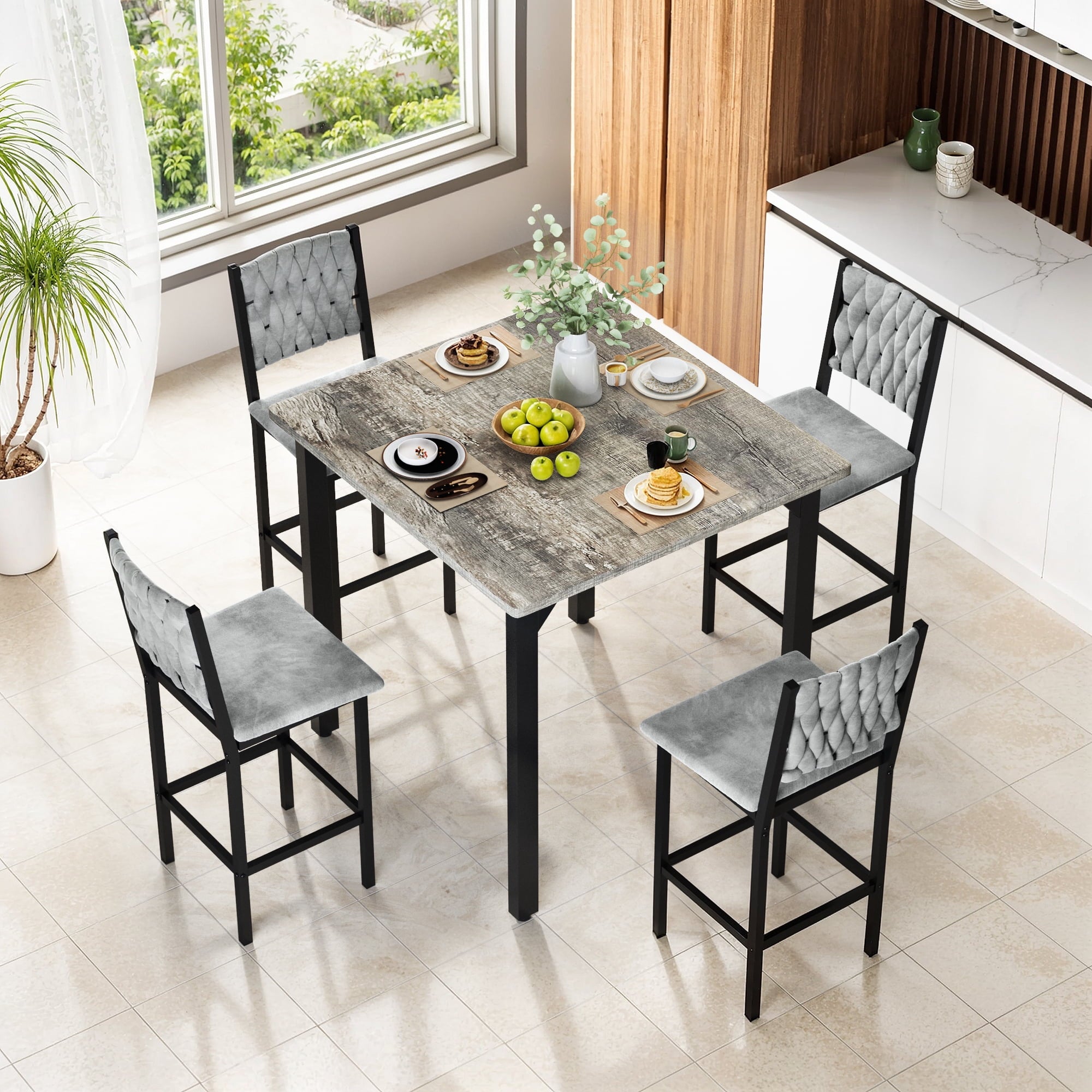 MIERES 5 Piece Dining Table Set High Top Dining Table Set for 4 Counter Height Small Kitchen Table With 4 Velvet Upholstered Chairs, Wood Small Dining Set for Bar Dining Room Breakfast