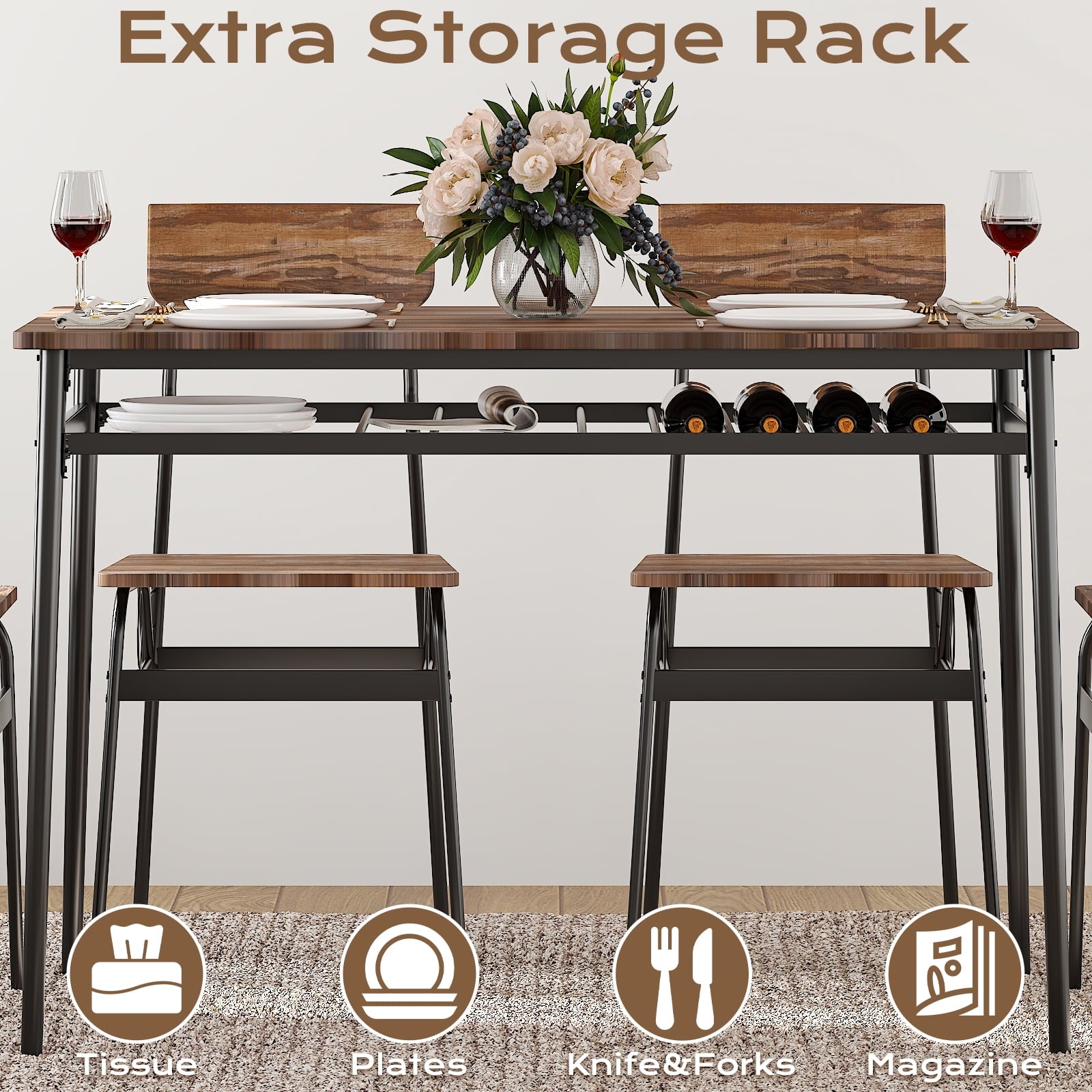 Ktaxon Dining Table Set for 4/6 with Storage Racks, Dining Room Table Set for 4/6 Modern Design, Kitchen Table and Chairs for Home Kitchen, Natural Wood