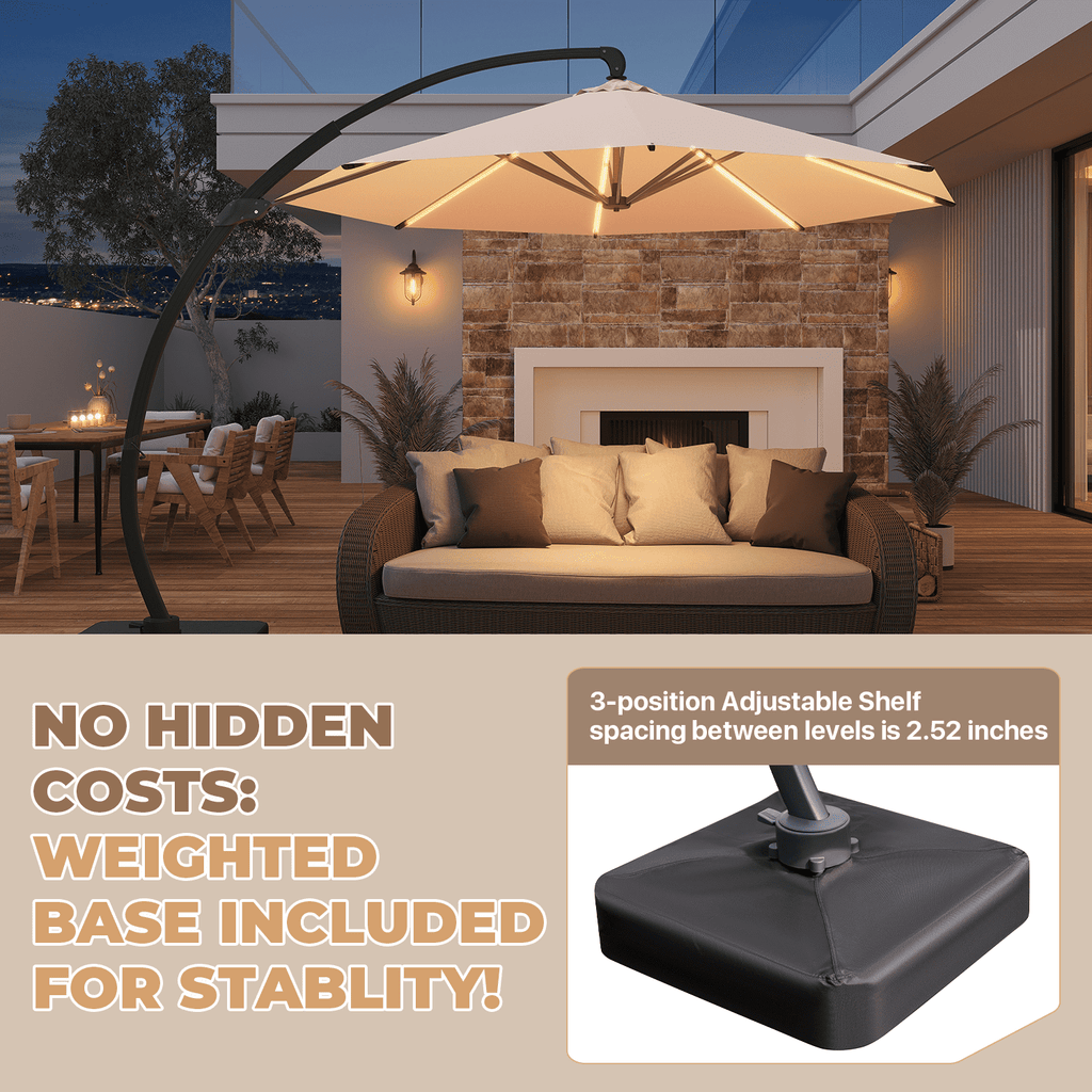 BaPiPro 11ft Offset Cantilever Patio Umbrella with Solar Lights & Base Included, Large Round Heavy Duty Frame Umbrella, 360° Rotation, for Deck Pool Backyard, Beige