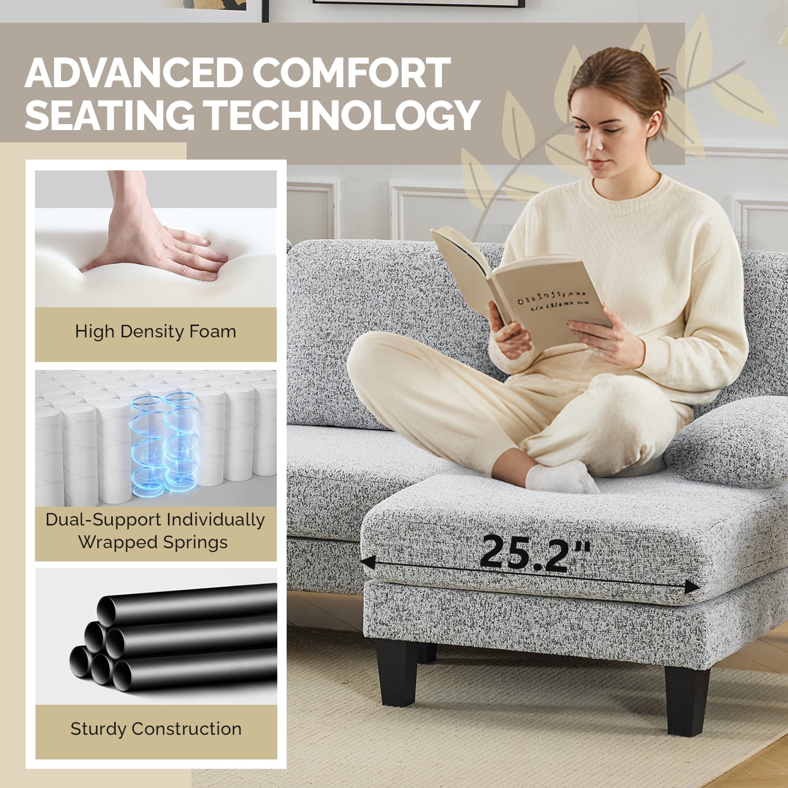 Ktaxon U-Shaped Sectional Sofa Set with Chaise, 4-Seater Blended Chenille Couch for Living Room, Apartment, Easy Assembly Khaki