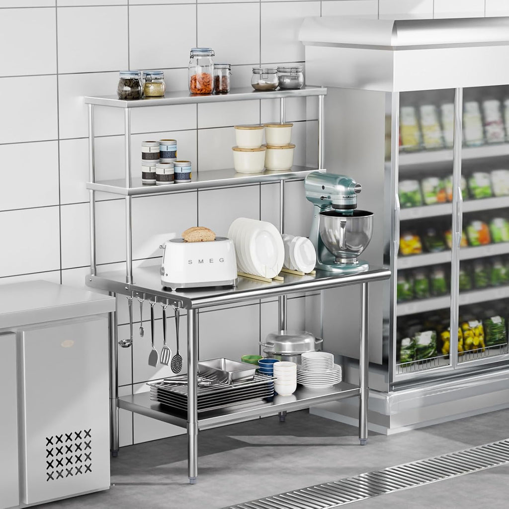 Ktaxon 72 x 30 Stainless Steel Workbench with Overshelves, NSF Commercial Heavy Duty Work Table with Adjustable Undershelf & Detachable Hooks