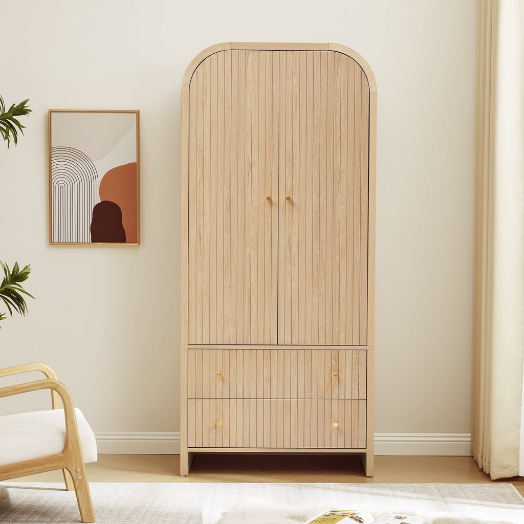 Wirrytor Freestanding Wooden Armoire Wardrobe with 2 Woven Doors and Storage Drawers, Space-Saving Closet Cabinet for Bedroom, Sturdy Mdf Board Closet with Hanging Rail
