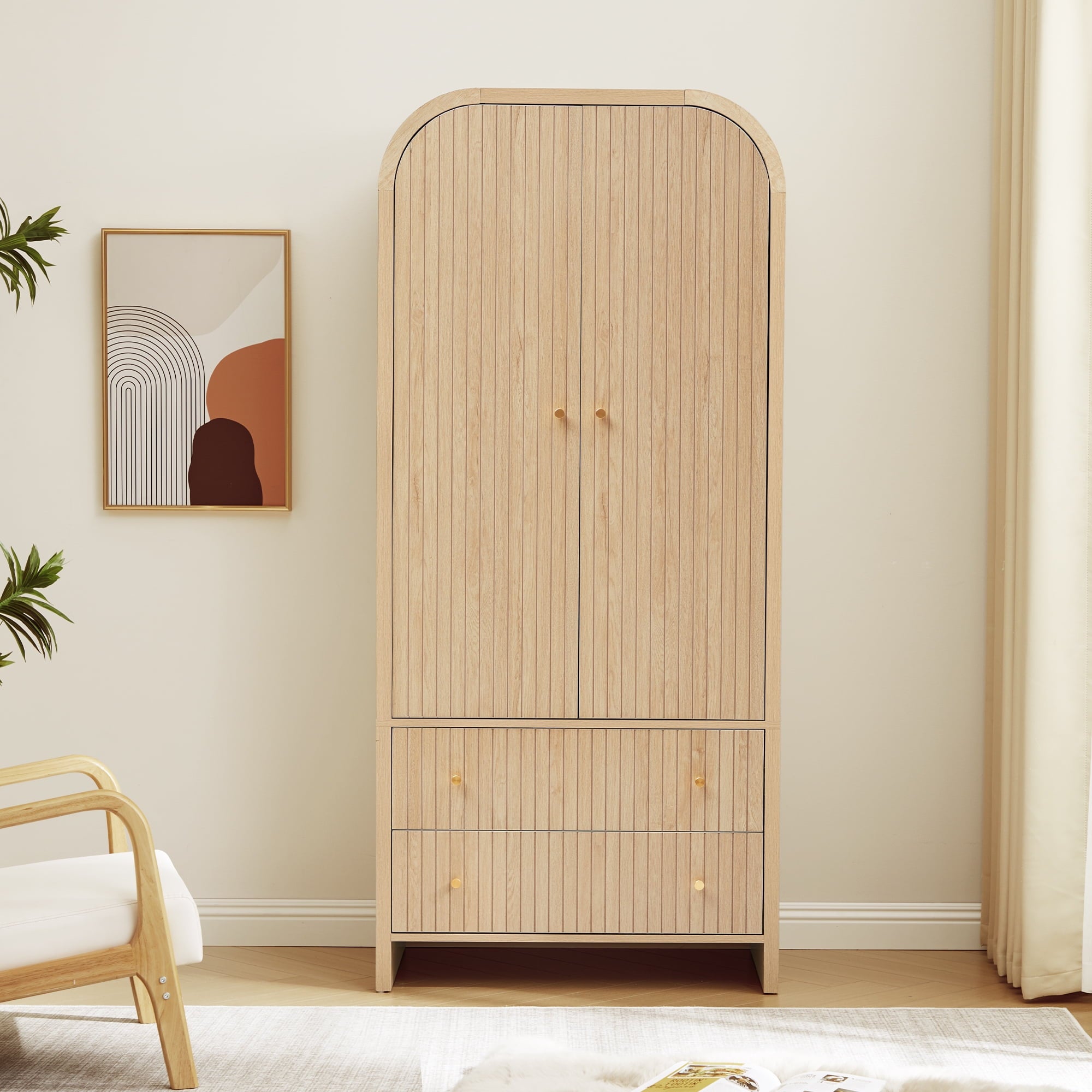 Wirrytor Freestanding Wooden Armoire Wardrobe with 2 Woven Doors and Storage Drawers, Space-Saving Closet Cabinet for Bedroom, Sturdy Mdf Board Closet with Hanging Rail