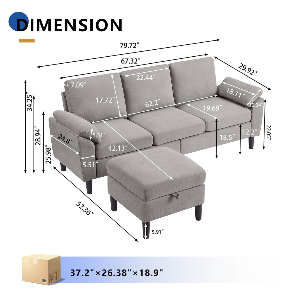 Jarenie 80 Convertible Sectional Sofa, Small L Shaped 3 Seat Couch with Reversible Storage Chaise, Modern Polyester Fabric Sofa Couches for Living Room, Apartment and Small Space, Beige