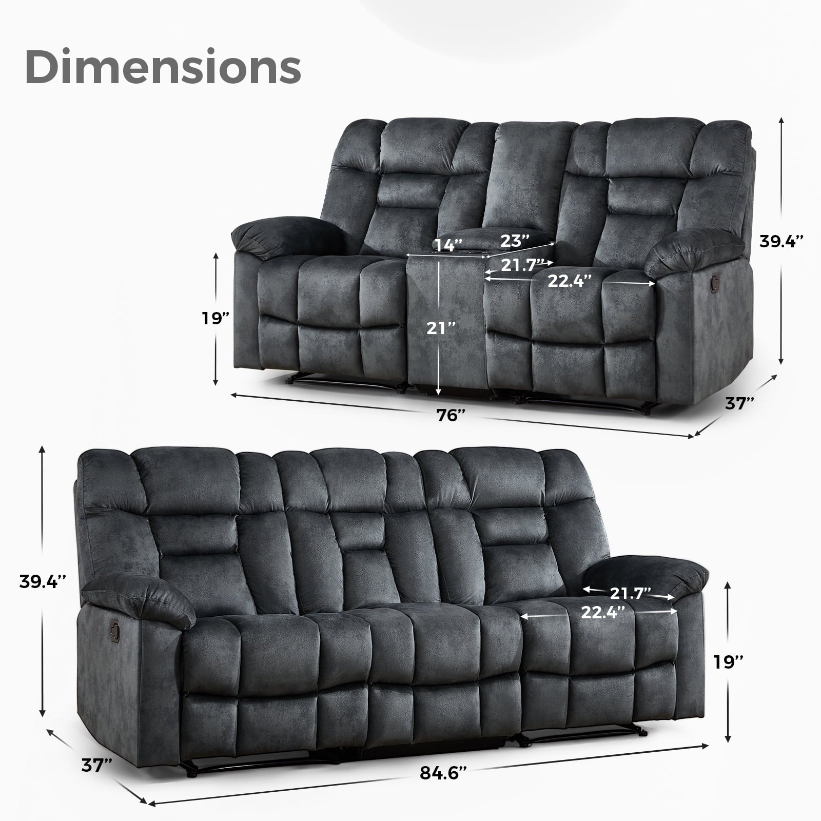 Bonzy Home Brown Manual Recliner Sofa Set with Single Seat, Loveseat, Hidden Storage and Cup Holders