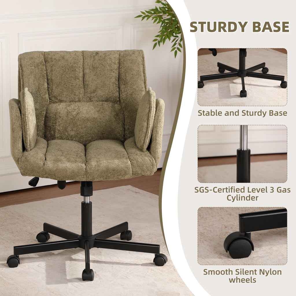 Cross Legged Office Chair with Wheels & Dynamic Airbag Lumbar Support, Criss Cross Wide Seat, 5-Position Fold-Down Armrests, Swivel Vanity Chair for Home Office, Dark Green