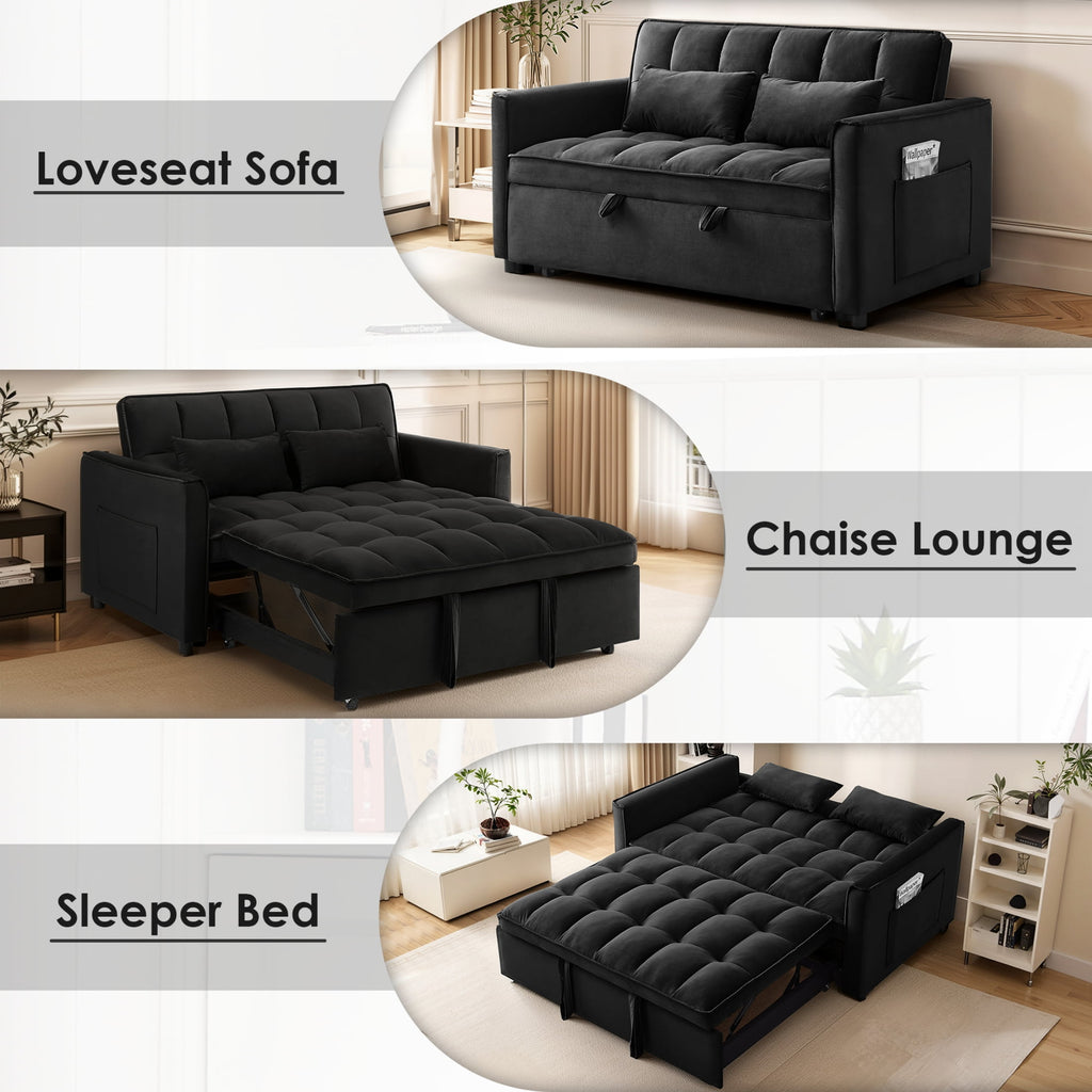 Anpport 3-in-1 Convertible Sleeper Sofa Bed, Pull-Out Loveseat Couch with Adjustable Back for Small Spaces, Velvet Fabric, 55, Dark Gray