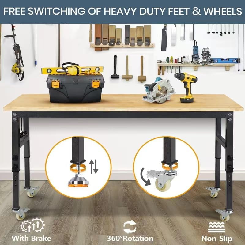 NETAJE 60 Heavy-Duty Work Bench Adjustable Workbench Work Table 2000 lb Load Capacity w/ Power Outlets for Garage, Workshop, Workstation