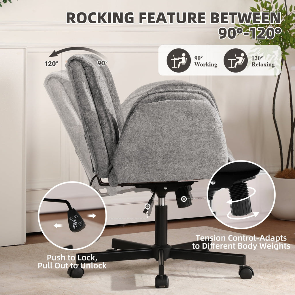 Cross Legged Office Chair with Wheels & Dynamic Airbag Lumbar Support, Criss Cross Wide Seat, 5-Position Fold-Down Armrests, Swivel Vanity Chair for Home Office, Dark Green