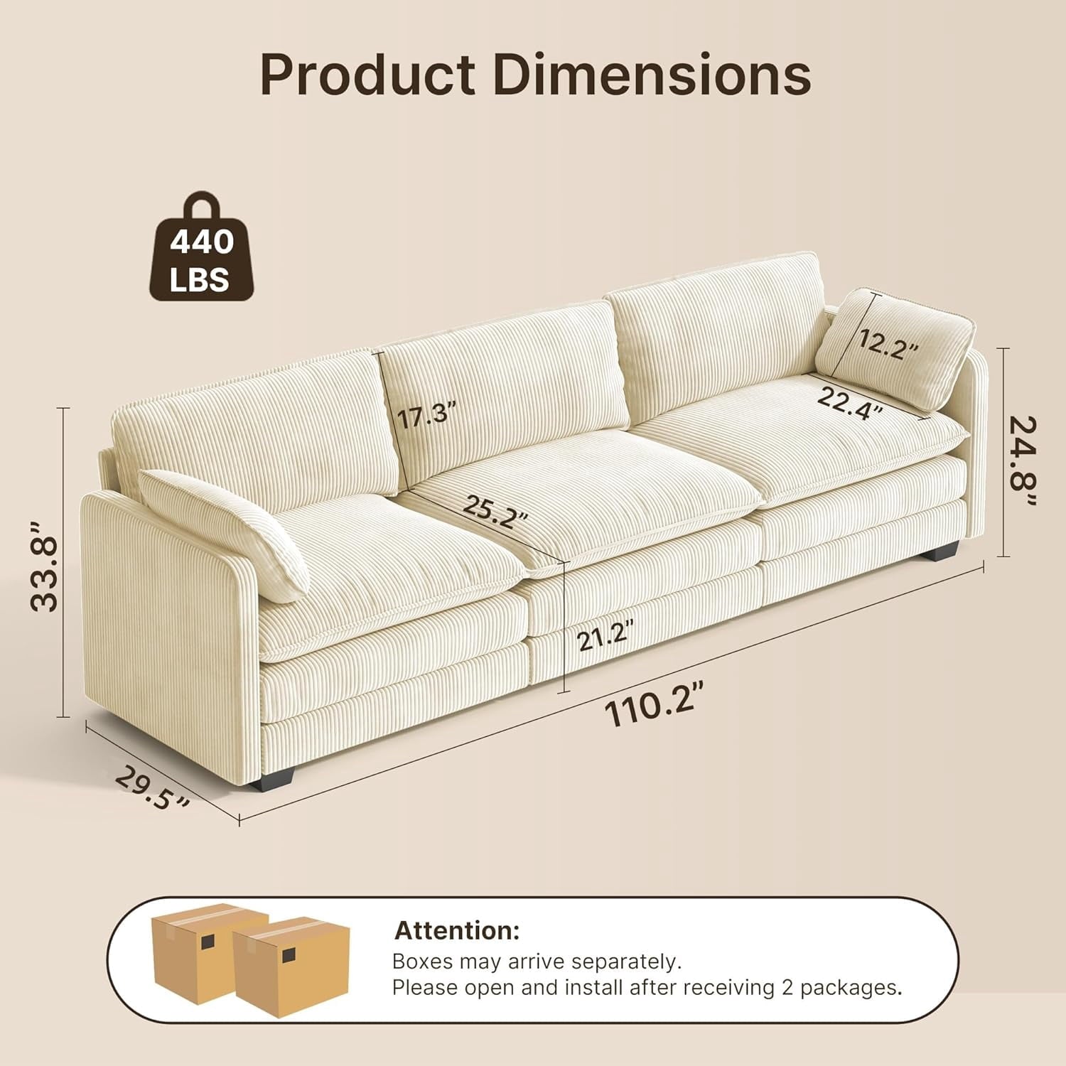 110 Cloud Couches for Living Room, Noelse 3 Seater Cloud Sofa with Double Layer Cushion and Deep Seat, Cream Couch with Washable Cover, Corduroy Fabric, Beige