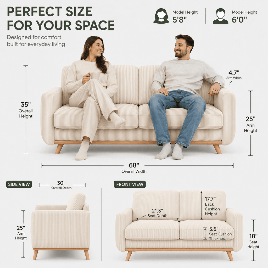 Neche 68 Corduroy Sofa for Living Room, 2 Seater Modern Couch for Small Space Office, Comfy Loveseat in a Box, Green