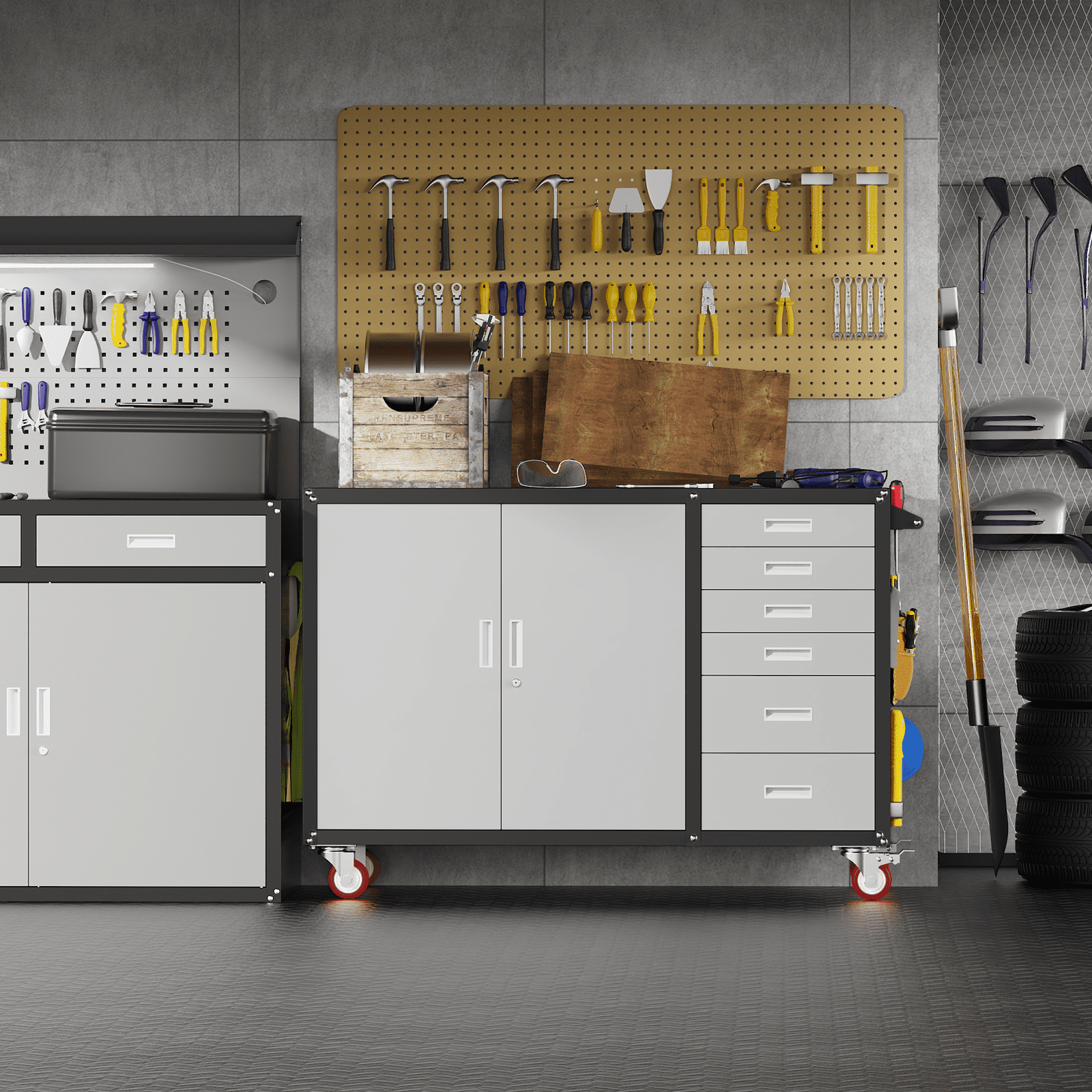55 W Rolling Workbench with 6 Drawers and Storage Cabinet,1000 LB Capacity Heavy Duty Work Bench with Pegboard and Adjustable Shelf,Garage Workbench with Wheels for Repair Shop/Workshop