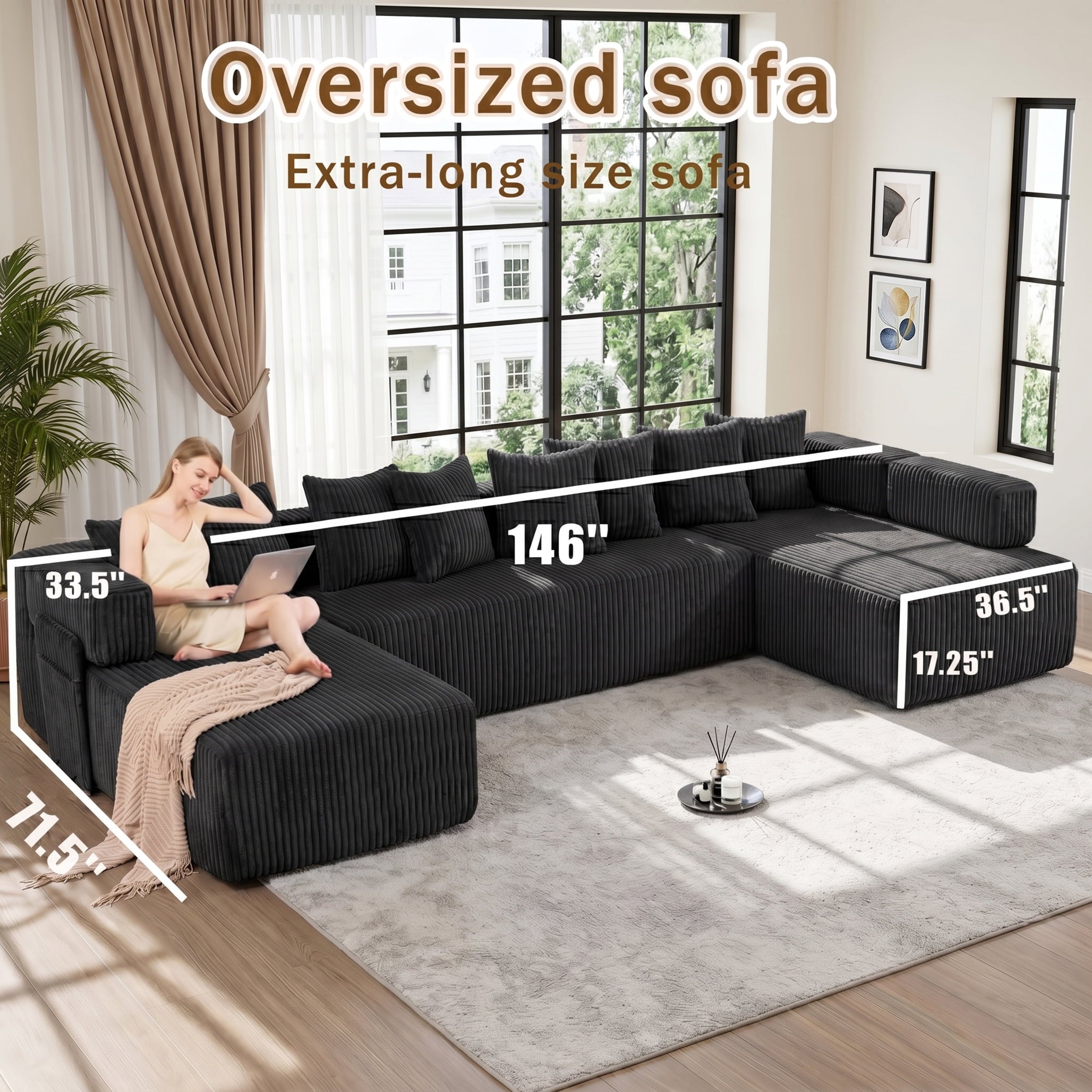 SOULART 138.5 U Shaped Sectional Couch,Gray Cloud Boneless Sofa For Living Room,Plush Corduroy Couches With Deep Seat Chaise Lounge,No Assembly Required