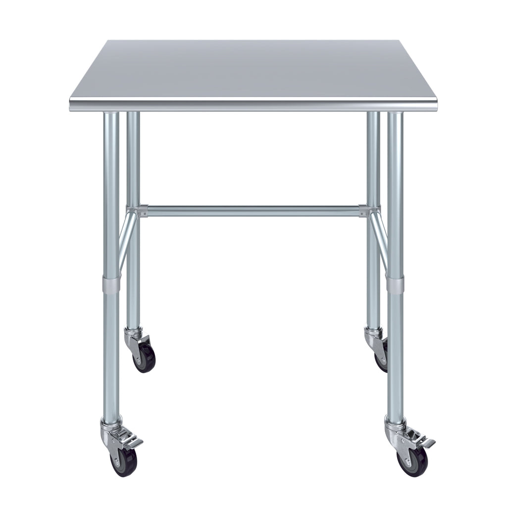 AmGood 36 Long x 30 Deep Stainless-Steel Work Table with Open Base and Wheels, Mobile Metal Table