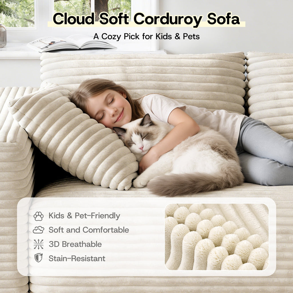 Patbrela 106 Sectional Couch for Living Room, L-Shaped Boneless Cloud Couch Corduroy Modern Sectional Sofa with Deep Seat and Thickened Cushion, No Assembly Required, Black