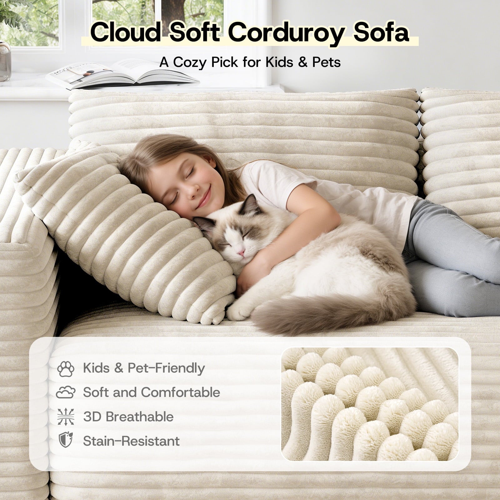 Patbrela 106 Sectional Couch for Living Room, L-Shaped Boneless Cloud Couch Corduroy Modern Sectional Sofa with Deep Seat and Thickened Cushion, No Assembly Required, Black