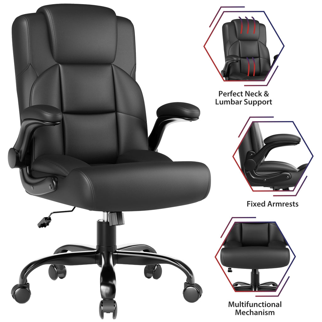 JONPONY Leather Office Chair, Big and Tall Office Chair 400LBS Wide Seat Ergonomic Computer Desk Chair High Back Executive Leather Chair Adjustable Task Chair Lumbar Back with 1-Year Warranty, Black