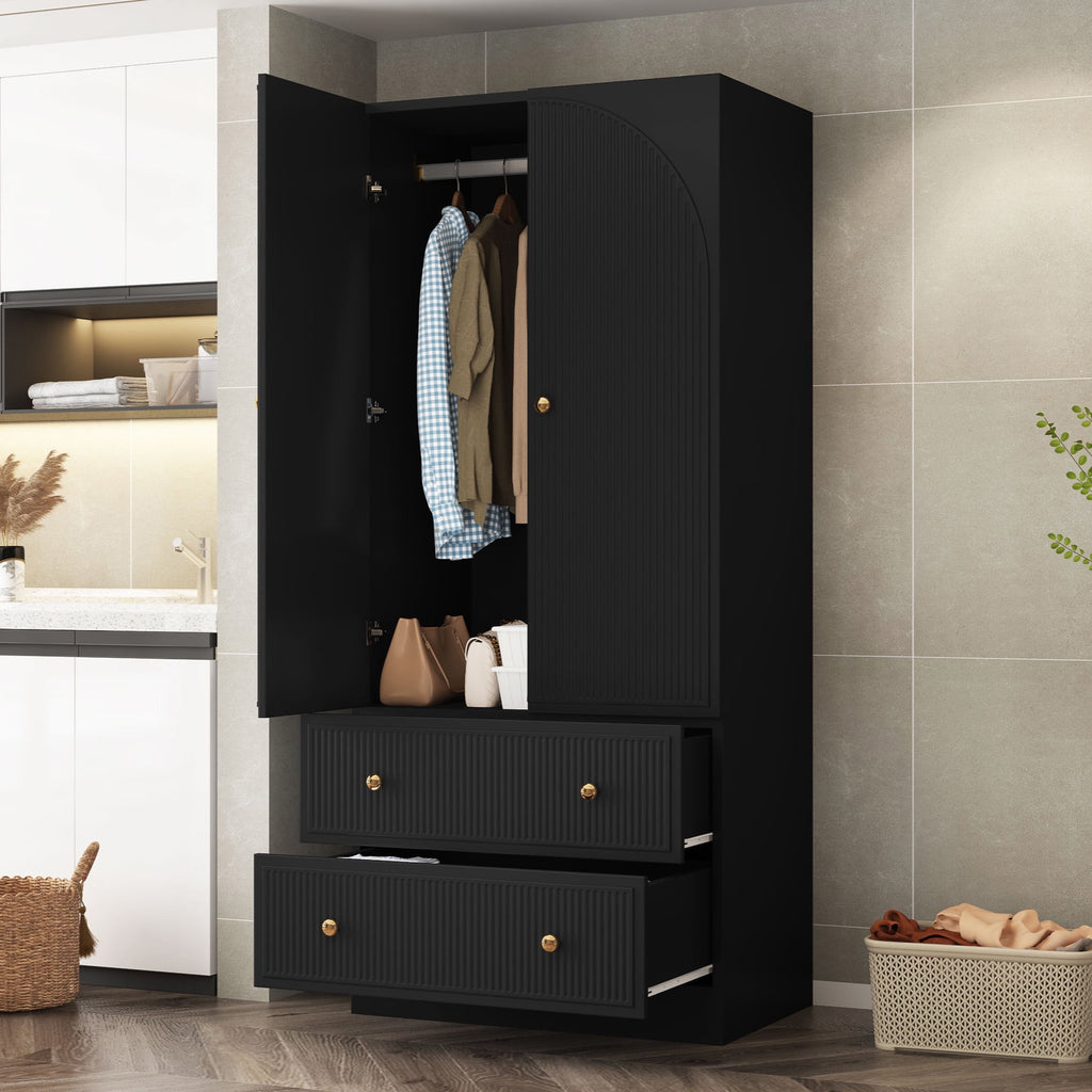 Wirrytor Freestanding Wooden Armoire Wardrobe with 2 Woven Doors and Storage Drawers, Space-Saving Closet Cabinet for Bedroom, Sturdy Mdf Board Closet with Hanging Rail