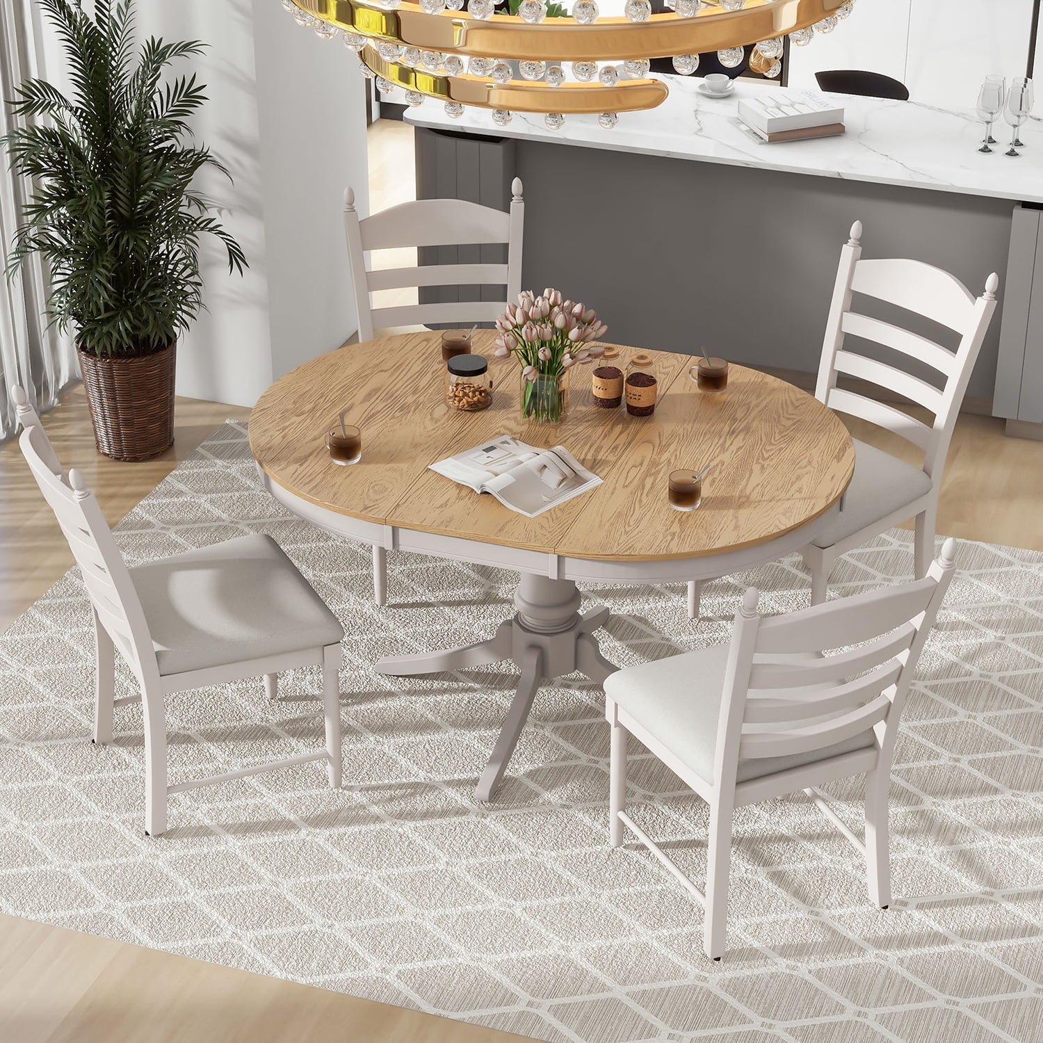 Harper & Bright Designs Farmhouse 5 Piece Kitchen Dining Table Set for 4, Solid Wood Extendable Round Dining Table Set and 4 Upholstered Chairs, Retro Dining Set for Kitchen, Natural Wood Wash