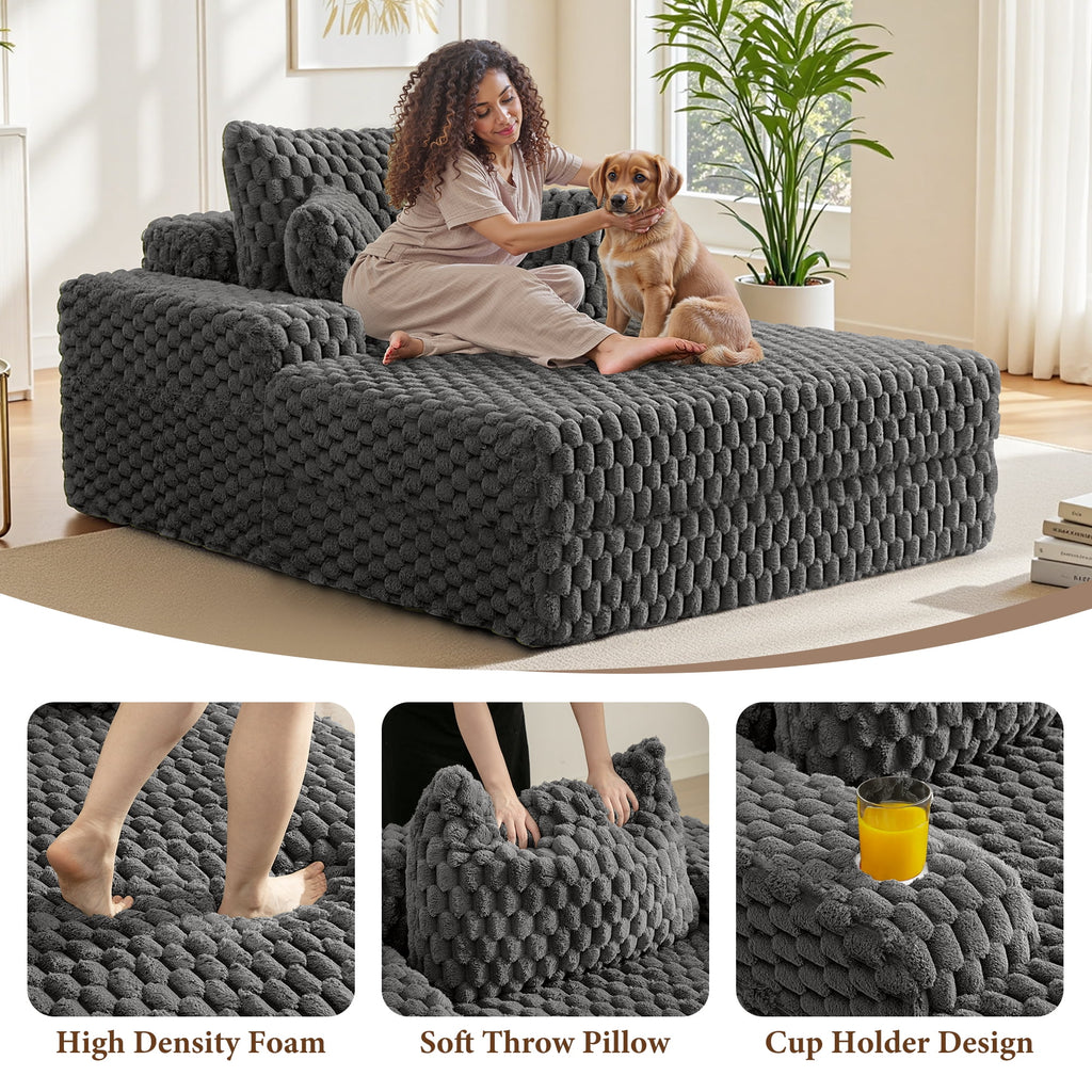 ATHOPE 67.3 Chaise Lounge Chair Indoor, Corduroy Couch Chair with Pillows, Comfy Reading Chairs with Wide Arms, Upholstered Sleeper Sofa for Living Room, No Assembly Required, Gray