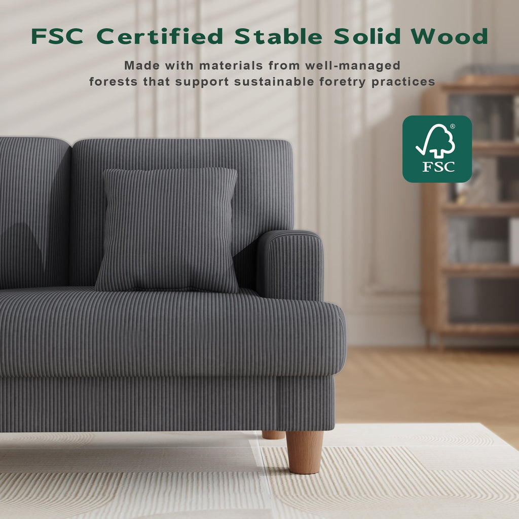 AAQZ 87 Corduroy Sofa Couch for Living Room, 3 Seater Deep Seat Comfy Couch in a Box, 2 Cushions, 2 Pillows Tool-Free Setup,Gray