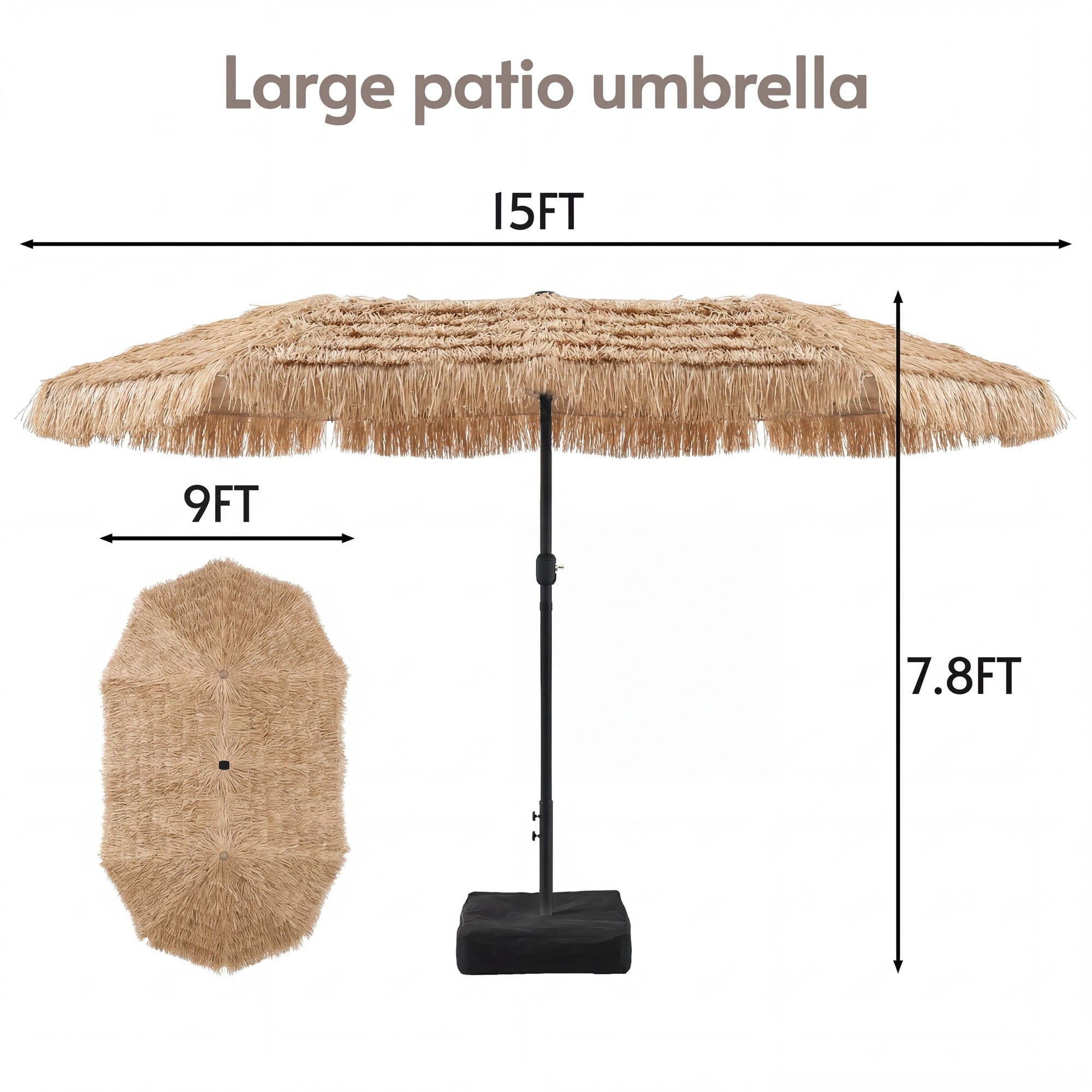 LAZZO 15ft Large Patio Umbrella with Base and Lights, Double-Sided Rectangular Outdoor Deck Umbrella, Tiki Style