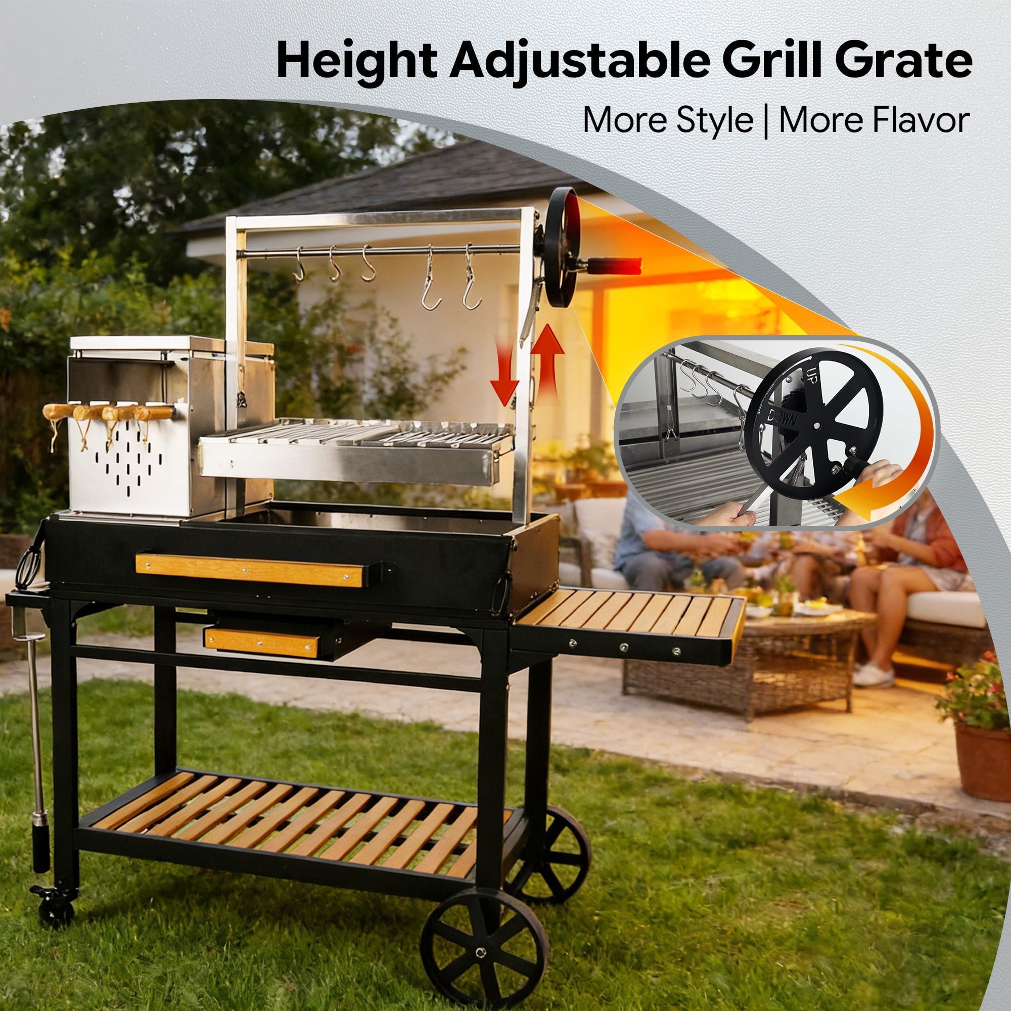 Brand Man Argentine Santa Maria Grill, Wood & Charcoal BBQ Grill with Asado Tools, Adjustable Height, Ash Grease Collector for Backyard Patio