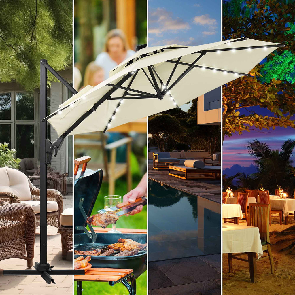 Ainfox 10ft Double Top Heavy-Duty Patio Cantilever Umbrella with lights and Cross Base, Outdoor Large Offset Hanging Aluminum Rotation Sun Shade Solar Umbrella with 360°Rotation Adjustable,Khaki
