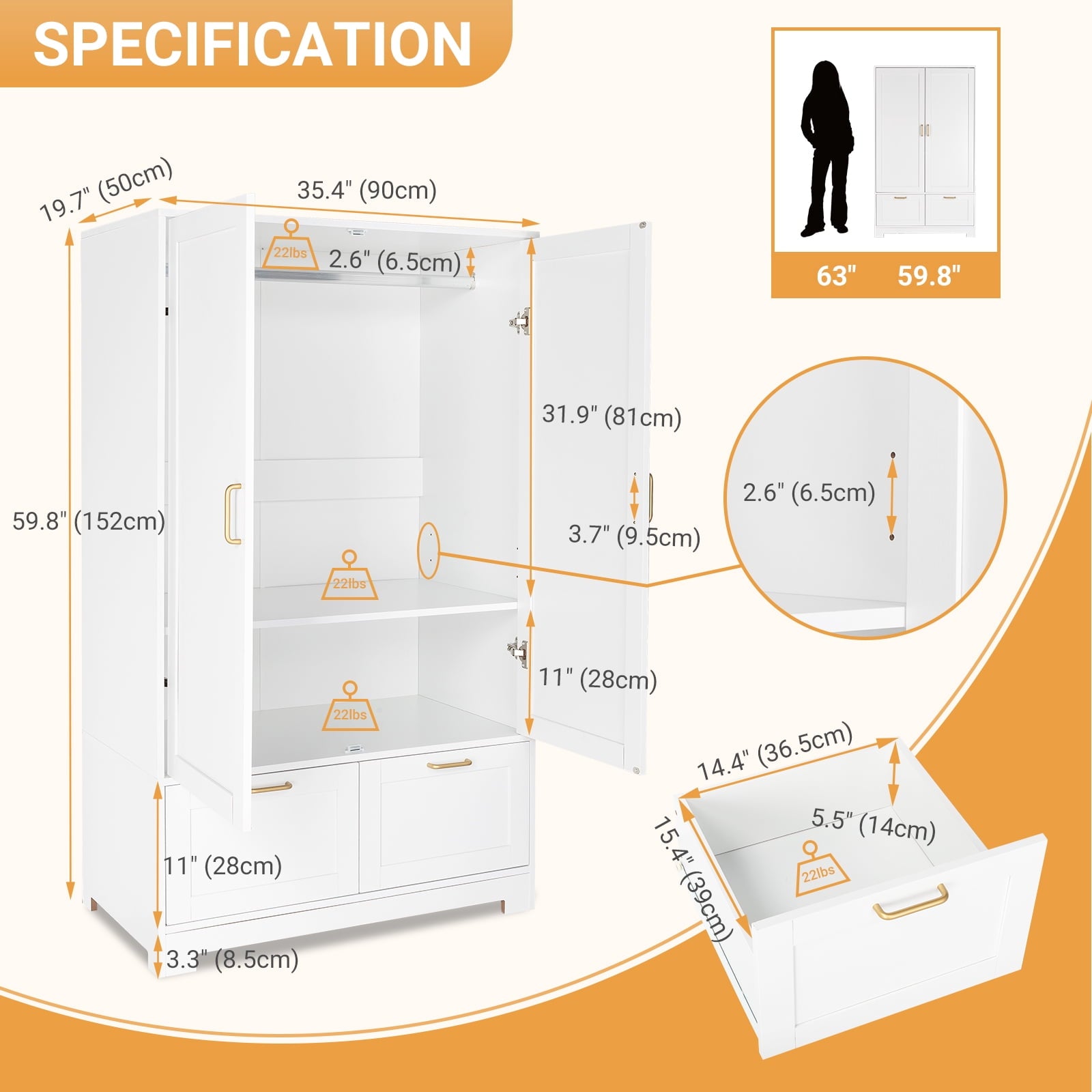 Ktaxon Wardrobe Armoire Closet with Hanging Rod, Modern Drawer & Shelf – Elegant White Finish Closet, Farmhouse to Mid-Century Style
